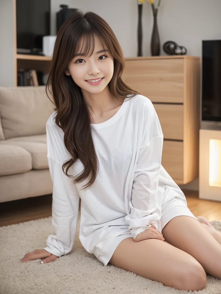 sweater dress、1 Japan Female, 25-years old、top-quality,photos realistic、A sexy、hight resolution, 8K, 1girl in, breasts are large、A slender、Sit with your knees open、shot from front、Emphasis on the crotch、Bokeh background、 inside in room、a gorgeous, (Medium Hair), Soft lighting、shinny skin、looking at the viewers、Happy smile