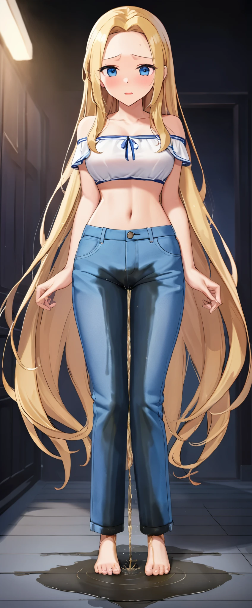 best quality, highres, 8k, masterpiece, immersive atmosphere, chiaroscuro:(1.5, bright light:1.2, luminous lighting), blurring, (background blur:1.5),
(dynamic angle), bedroom, (legs focus, full body:1.5), delicate features, (beautiful face, beautiful eyes, beautiful legs), not safe for work, (opaque:1.5), high contrast, SDXL, (wetting herself:1.5), (desperation:1.5),
1girl, (25 years old:1.5), white skin, blue eyes, reading glasses, blonde hair, straight hair, long hair, forehead, bright lips, blush, scared, panicking, open mouth, looking at viewer, (slender figure:1.1), (topless:1.2), large breats, (hard nipples), (hands between legs:1.4), (blue jeans:1.4, skinny pants:1.2), (barefoot:1.2), (knees together feet apart:1.4)