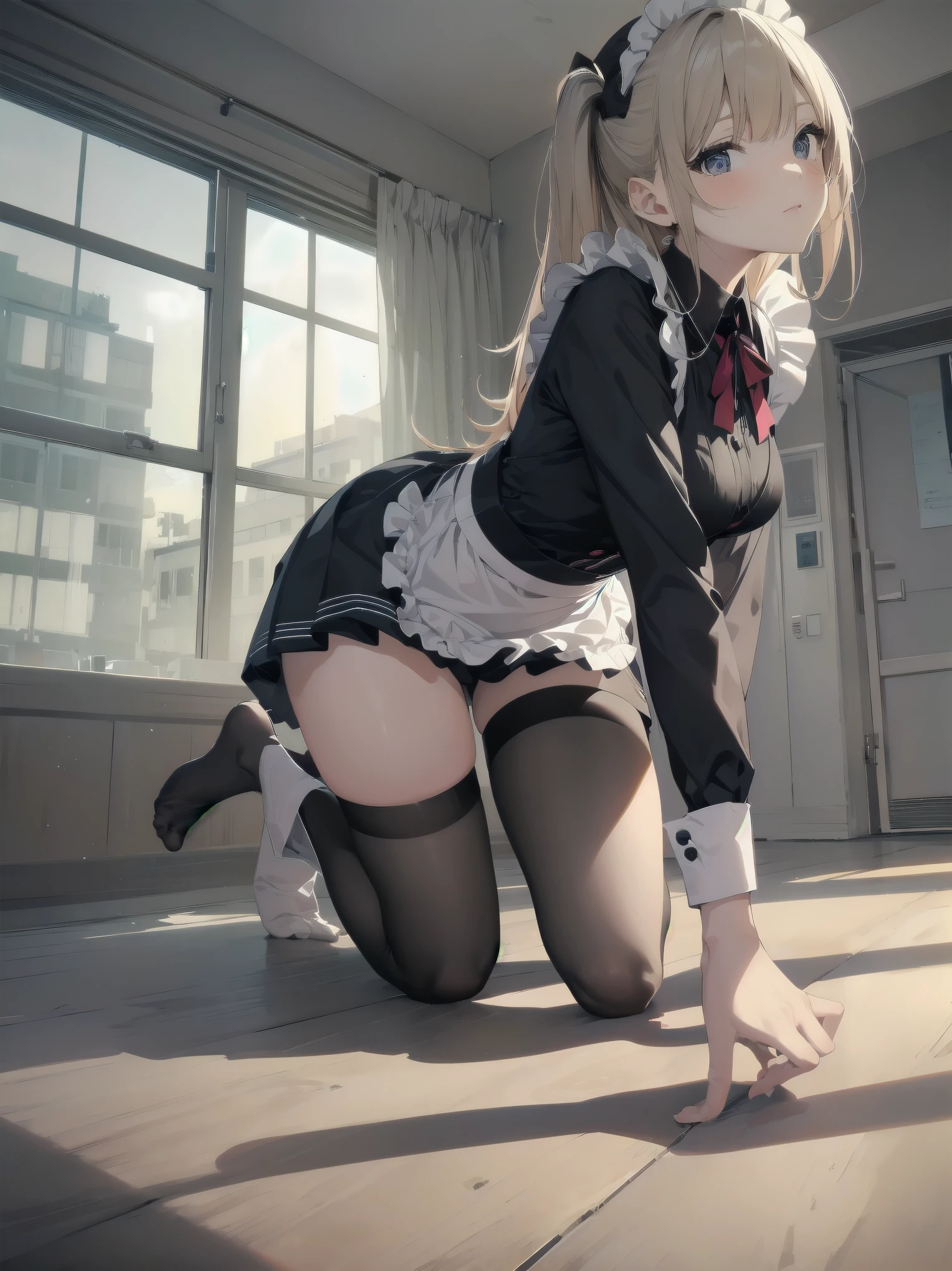 1girl, solo, multiple colored hairs, maid, black cat tail, smile, black thighhigh, leaning forward, outside, charm posing, paw stamps background, ((cameltoe)), upskirt, (view from behind), skimpy micro thong, anus peek, tomboy, medium long hair,