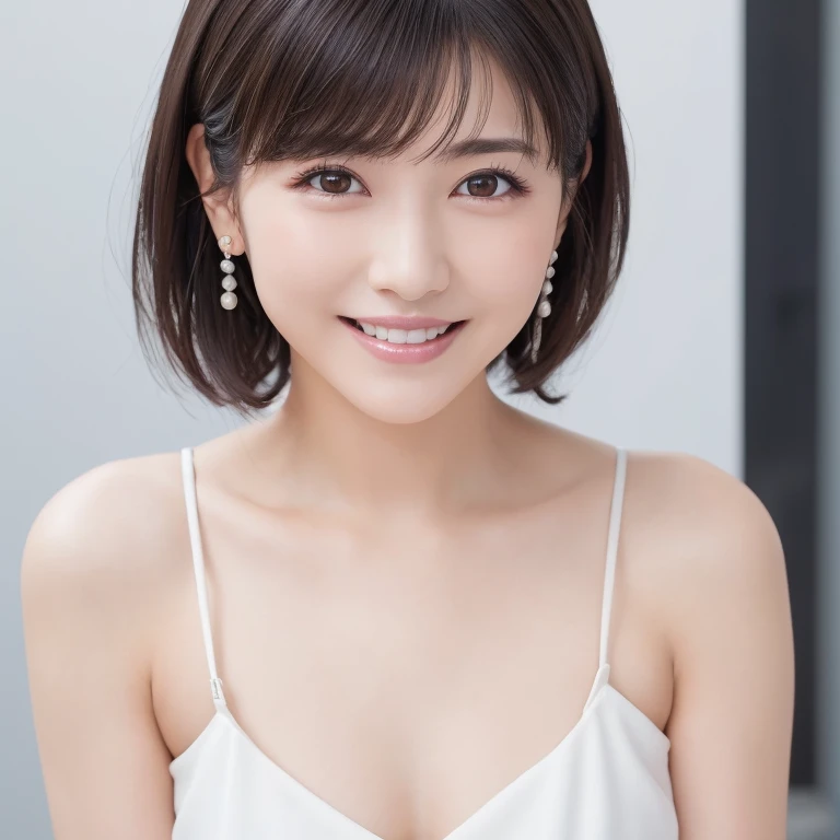 Dark brown short layered hair with bangs, Brown eyes, Soft aura. Wearing a white and ivory dress、Wearing a flowing skirt, Race details, and幸せな笑顔. She is wearing a bridal veil, Pearl Earrings, and、ring. (Best Quality, Ultra-high resolution, 8k, RAW Photos, Ultra-high resolution: 1.2, masterpiece: 1.3), (Realistic, Realistic: 1.37), Very detailed, Professional Writing, Photon Mapping, Radio City, Physically Based Rendering, One Girl, Sharp focus:1.2、Beautiful woman:1.4, cute, Nice, Adorable smile, Normal chest, (Clevis), (Dark brown short hair), (A cute toothy smile)、(nsfw:1.5)、