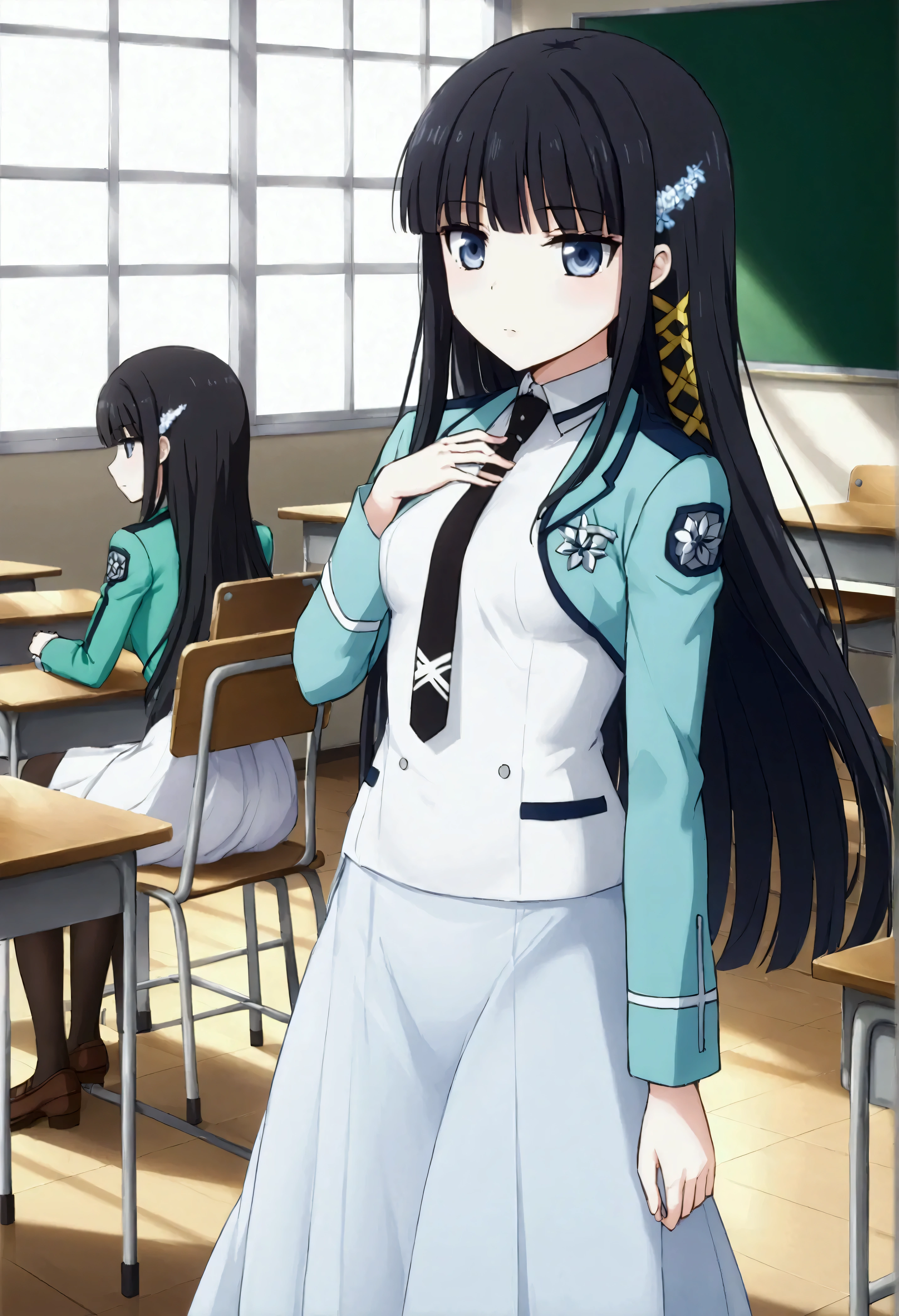 NSFW,masterpiece,Best Quality,High resolution,Very detailed,Shiba Miyuki\(The Irregular at Magic High School\),Long Hair、blue eyes、Black Hair、Hair accessories、ribbon、ヘアribbon、雪の結晶のHair accessories、bangs、鈍いbangs、Long sleeve、dress、uniform、pantyhose、tie、白いdress,White long skirt,黒いtie,School,classroom