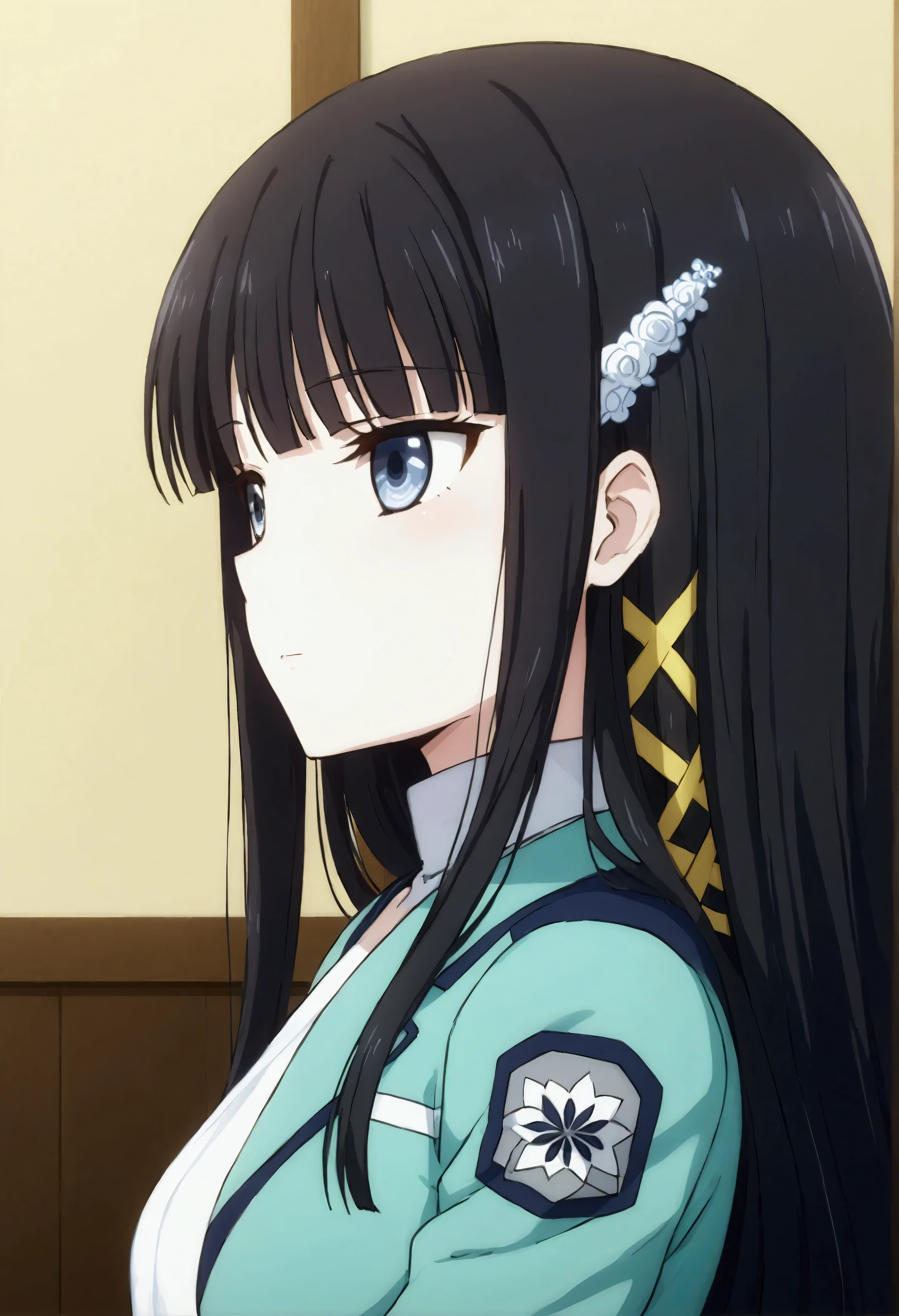 NSFW,masterpiece,Best Quality,High resolution,Very detailed,Shiba Miyuki\(The Irregular at Magic High School\),Long Hair、blue eyes、Black Hair、Hair accessories、ribbon、ヘアribbon、雪の結晶のHair accessories、bangs、鈍いbangs