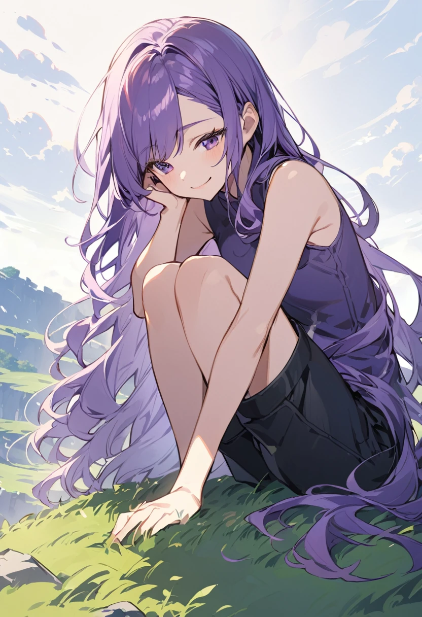 cuddly,Pure girl,Long purple hair,Purple eye,Holes in clothes,,Body injuries,Crouch on the ground,With tears, ,No shoes,Wearing a JK uniform,Hugging your knees,(Beautiful leg line 1:3)He wears a red bracelet on his right hand,The left foot is covered with a red ankle rope