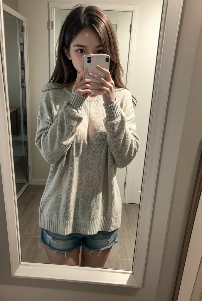 (((professional: step by step, considering even the smallest detail, god level final result))): "masterpiece, best quality, highres, solo 1girl, 24 years old, kr1, brown eyes, blunt bangs, kibito high school 50% uniform, sweater, pleated 10% miniskirt, socks, small breasts, leaning forward, hand on hip, ((visible hip removing the sweater from the body)), provocative without limits, low back view"