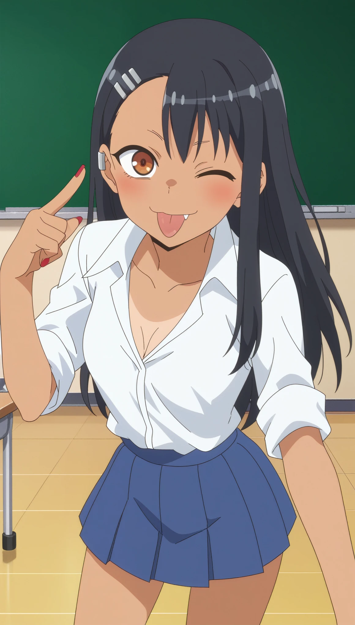 score_9, score_8_up, score_7_up, source_anime, anime screencap, anime coloring, 
hayasenagatoro,
hayase nagatoro, long hair, bangs, black hair, hair ornament, brown eye, hairclip, fang, dark skin, dark-skinned female, tan, nail polish, red nails, earclip, cleavage, small breasts, clavicle, skirt, shirt, white shirt, pleated skirt, blue skirt, slim body, slim waist, thighs, (Beautiful, small breasts: 1.2), natural breasts,
indoors, classroom, bent over,
looking at viewer, cowboy shot, solo, half body, stand, from the front, akanbe face, (metal hand pose, index finger, little finger, and thumb raised), (tongue out, one eye closed) 