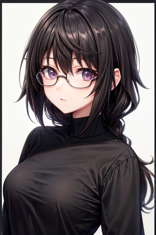 dark brown hair and face with glasses girl black shirt and black pants and a black background 