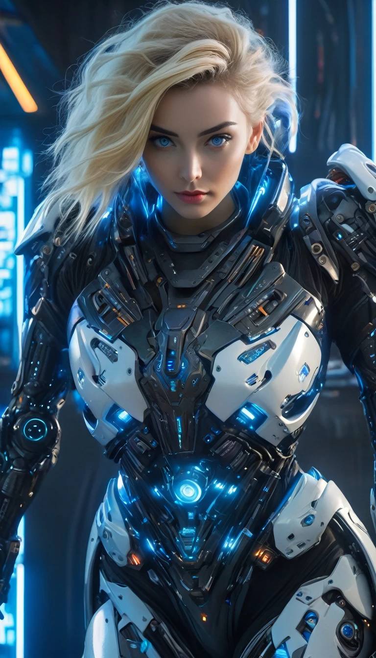 (Best Quality, 4K, 8k, High resolution, masterpiece: 1.2), (Very detailed, Realistic, Realistic:1.37), Futuristic衣装を着た女性, A woman wearing exoskeleton cyber armor, The armor fits snugly、((She has a plasma gun in her hand)), Full body photo, Maximum details, Superior quality through precise drawings, 8k,Chest, blue eyes, High resolution, 超High resolution, Best Quality, Shortcuts, Big Chest, Cinematic lighting effects, Futuristic, blonde, 美しいBlack Hairの女性, blue eyes, Cyberpunk style woman, ((Advanced spacecraft interior)), High-quality images、Black Hair, Shortcuts,