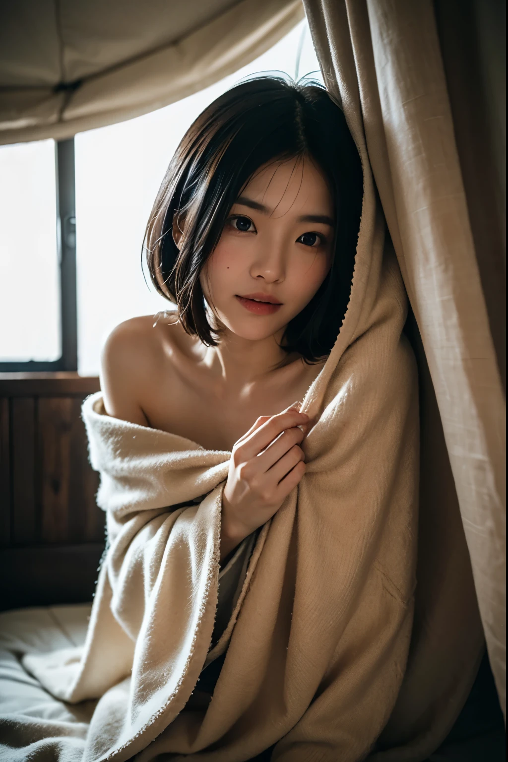 Best quality, masterpiece, ultra high res, (photorealistic:1.5), raw photo, 1girl, naked and covered up with blanket , in the room with open windows, light shadow, low key, warm light, sexy look, short hair, asian face, Chinese face, real person with white bright skin, cold flat eyes, tired eyes, cool eyes, looking to the windows, sweet smiling, small breast reveal  (small breast size: 1.6)