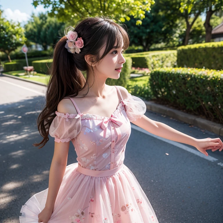 a young asian girl, full body, wearing a transparent pink golden lolita dresses, big ribbon ornament on hair, floral earrings, a penis penetration on vagina,