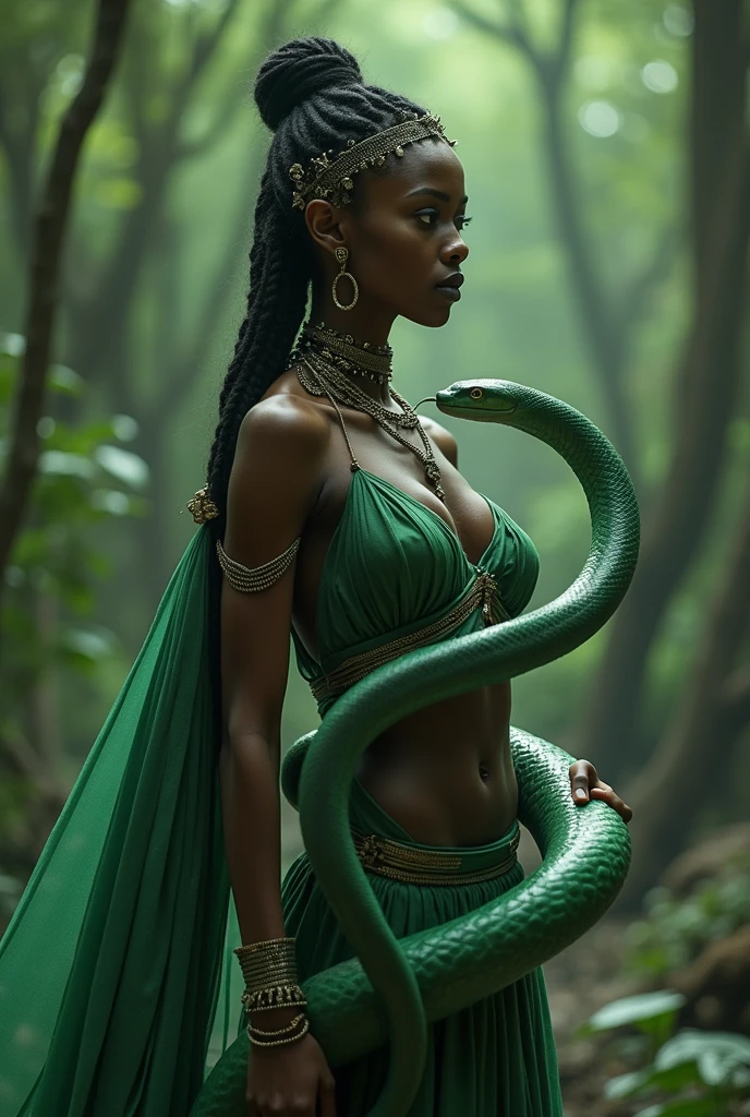 Black woman Orisha, peach colored dress, with a green snake wrapped around his arm in the middle of a fog