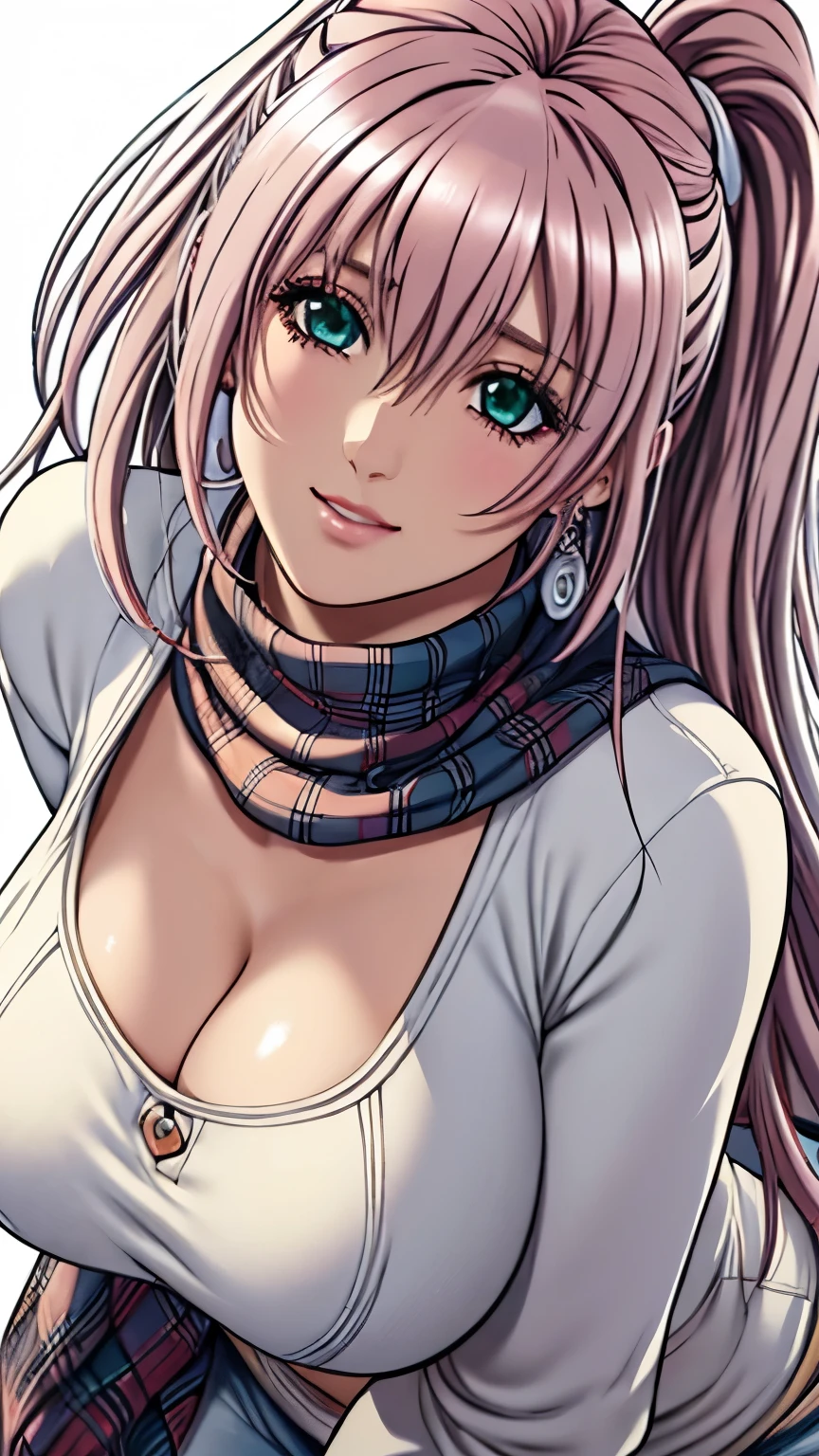 green eyes with slit pupils, (highest quality, masterpiece painting:1.3), immature woman, , (half body shot), masterpiece, ultra high resolution, (Photoreal:1.0), ((light pink hair)), beautiful shining hair, white and shining skin, ((Ultra realistic details)), octane rendering, highly detailed face, (big breasts:0.8), (make a heart with hands), Blanket Scarf Wrap, A large, cozy blanket scarf in a plaid or checkered pattern, Wrap it around your neck or drape it over your shoulders for warmth, Style with a chunky knit sweater, skinny jeans, and knee-high riding boots for a cozy winter look, open neckline, cleavage, perfect body, soft skin, White cherry blossom embroidery pattern, silver earrings, (pure white background:1.4), sharp focus, intricate details, professional artwork, (bright colors:1.1), bright colors, diffused lighting, digital blending, ultra-definition body, ultra detail hair, super detailed face, trending on pixiv, top button open, Cute gaze, compensate, perfect lips, perfect compensate, Ultra-precision coating, (light_smile:0.8),