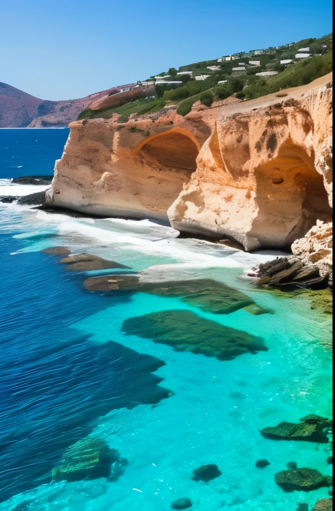 arafed view of a rocky cliff and clear blue water, a picture by Alexis Grimou, unsplash, les nabis, turquoise water, island with cave, view from the sea, puddles of turquoise water, blue waters, turquoise ocean, red sea, incredibly beautiful, azure blue water, clear blue water, white stone arches, cyprus