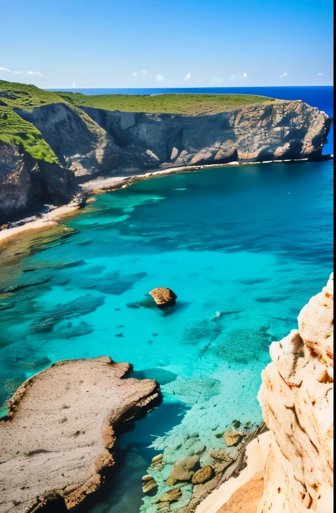 arafed view of a rocky cliff and clear blue water, a picture by Alexis Grimou, unsplash, les nabis, turquoise water, island with cave, view from the sea, puddles of turquoise water, blue waters, turquoise ocean, red sea, incredibly beautiful, azure blue water, clear blue water, white stone arches, cyprus