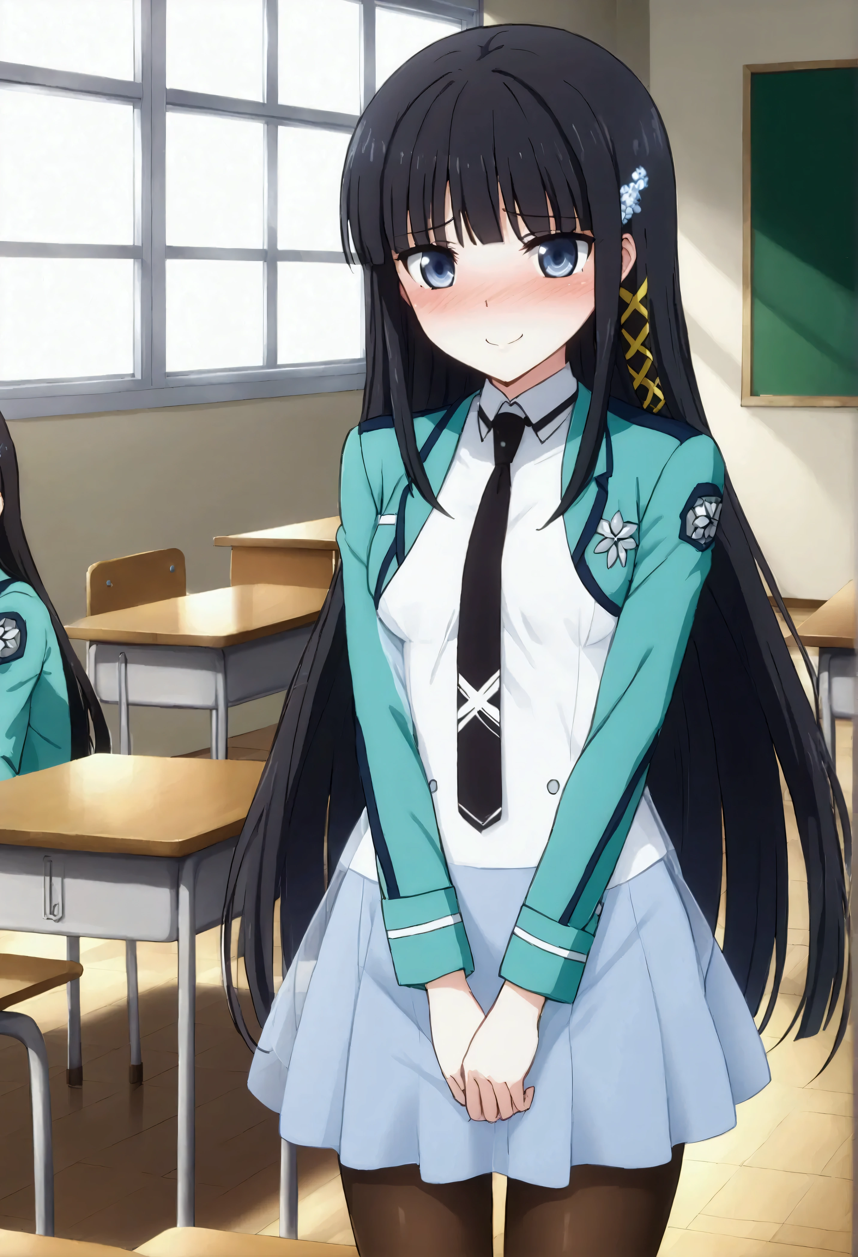 NSFW,masterpiece,Best Quality,High resolution,Very detailed,Shiba Miyuki\(The Irregular at Magic High School\),Long Hair、blue eyes、Black Hair、Hair accessories、ribbon、ヘアribbon、雪の結晶のHair accessories、bangs、鈍いbangs、Long sleeve、dress、uniform、pantyhose、tie、白いdress,黒いtie,School,classroom,smile,Embarrassed,blush