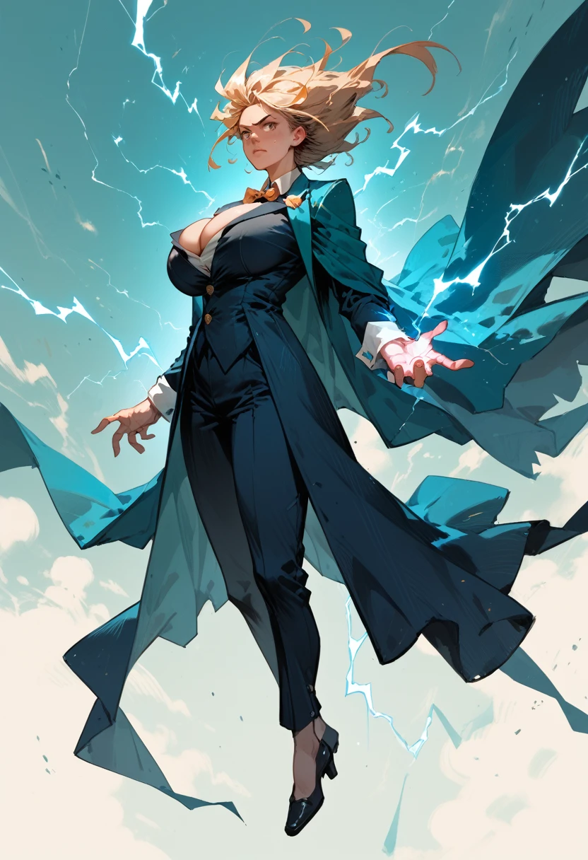 Wide shot, Single woman, floating in the center. flying, Concentrating power, hands electricity, huge breasts, sagging tits, dressed in a magician&#39;s robe, clothes that are too tight to the body. Under the hood, abundant blond hair, shadow under the hood. huge nipples. voluptuous. Clothes with slight tears that reveal a nipple.