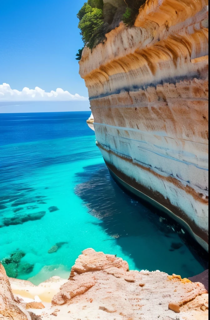 arafed view of a rocky cliff and clear blue water, a picture by Alexis Grimou, unsplash, les nabis, turquoise water, island with cave, view from the sea, puddles of turquoise water, blue waters, turquoise ocean, red sea, incredibly beautiful, azure blue water, clear blue water, white stone arches, cyprus