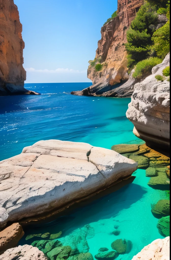 arafed view of a rocky cliff and clear blue water, a picture by Alexis Grimou, unsplash, les nabis, turquoise water, island with cave, view from the sea, puddles of turquoise water, blue waters, turquoise ocean, red sea, incredibly beautiful, azure blue water, clear blue water, white stone arches, cyprus