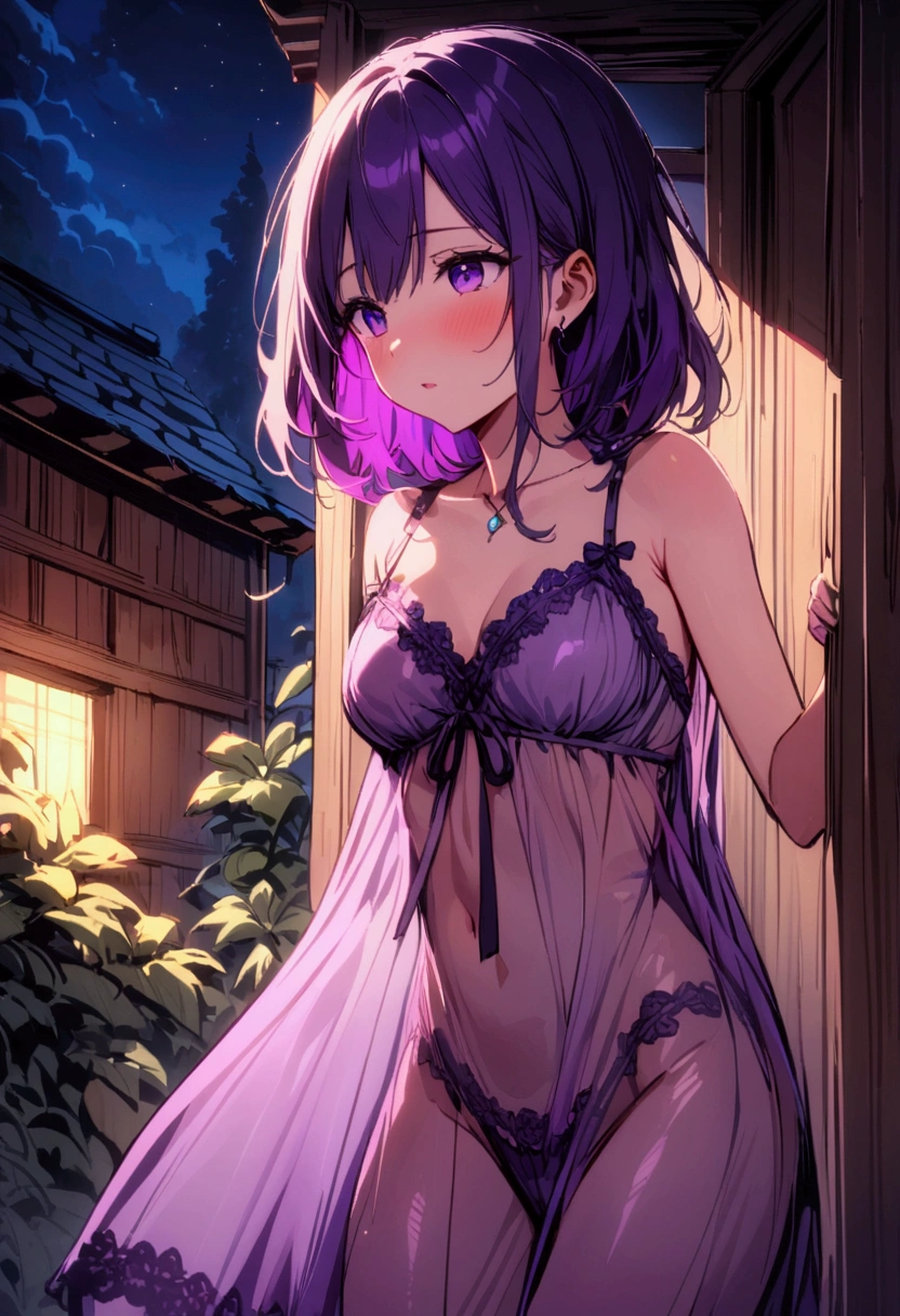 a black woman with a dildo inside her pussy, dildo full of semen, semen, wet, dark skin, naked, without clothes, sexy, wet skin, dark skin, in a forest at night, realistic, with high quality, high resolution , realistic, neon lights, purple, fantasy atmosphere, dark atmosphere, starry sky, beautiful moon, exceptional moon, purple hair.