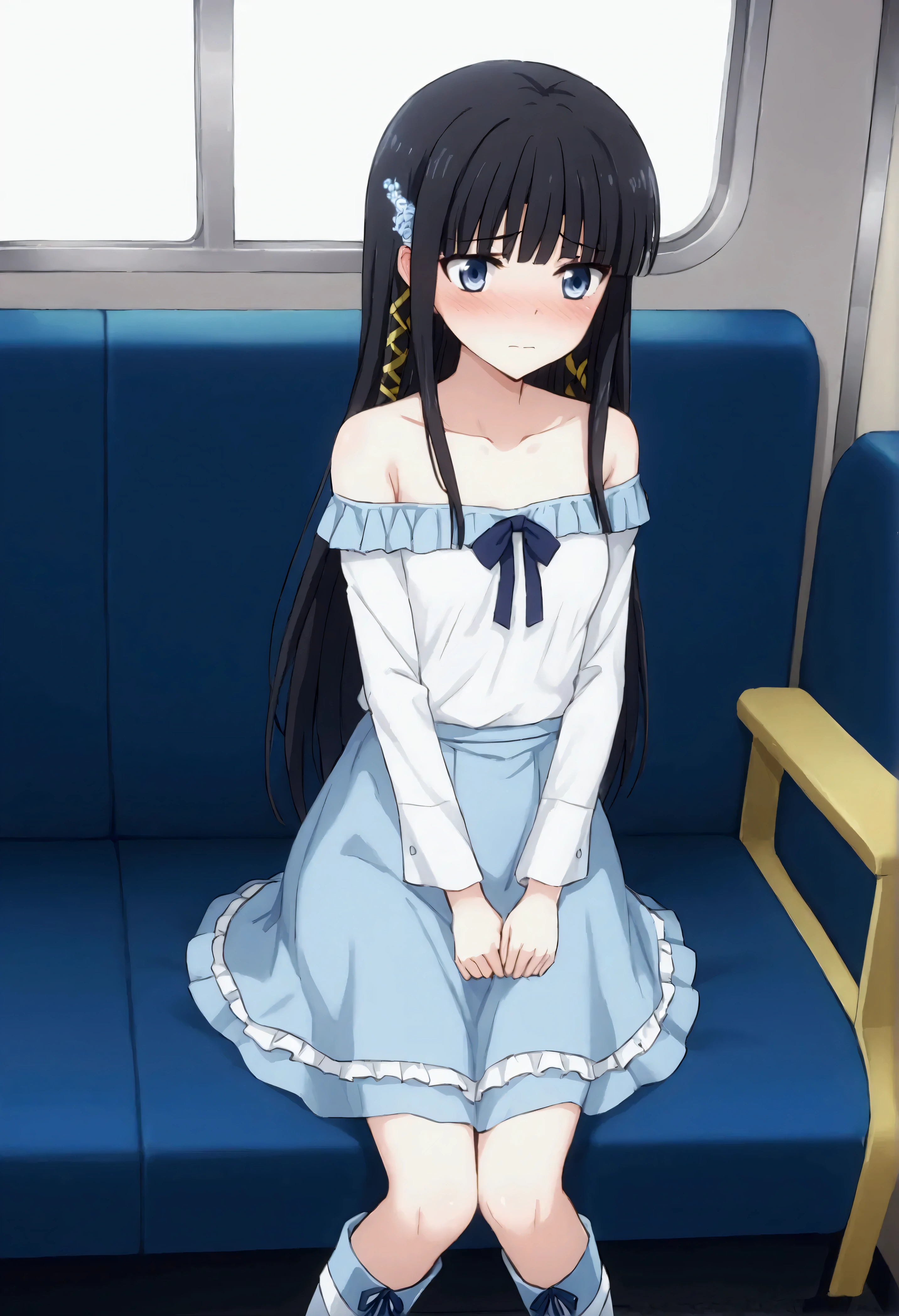 NSFW,masterpiece,Best Quality,High resolution,Very detailed,Shiba Miyuki\(The Irregular at Magic High School\),Long Hair、blue eyes、Black Hair、Hair accessories、ribbon、ヘアribbon、雪の結晶のHair accessories、bangs、鈍いbangs,Off-the-shoulder shirt,mini skirt,Long boots,Inside the train,Embarrassed,blush