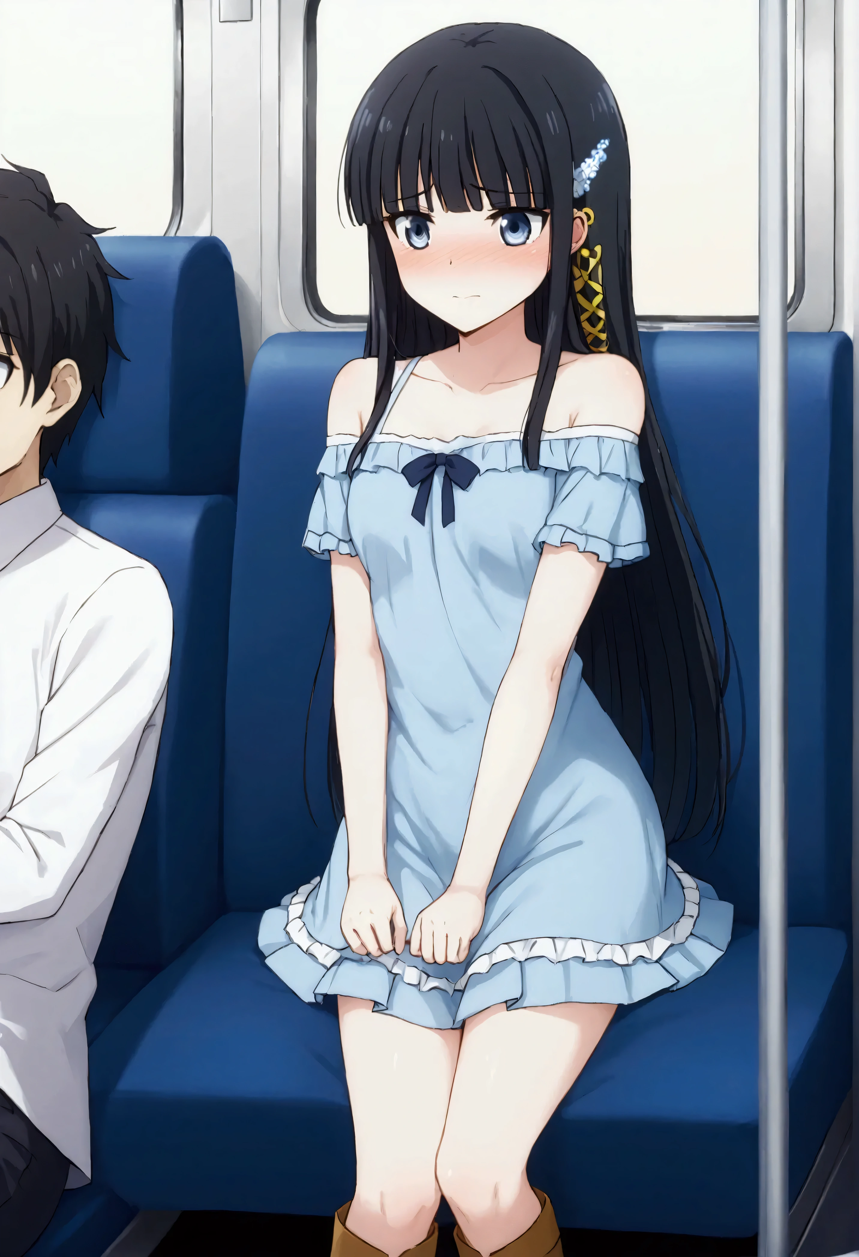 NSFW,masterpiece,Best Quality,High resolution,Very detailed,Shiba Miyuki\(The Irregular at Magic High School\),Long Hair、blue eyes、Black Hair、Hair accessories、ribbon、ヘアribbon、雪の結晶のHair accessories、bangs、鈍いbangs,Off-the-shoulder shirt,mini skirt,Long boots,Inside the train,Embarrassed,blush