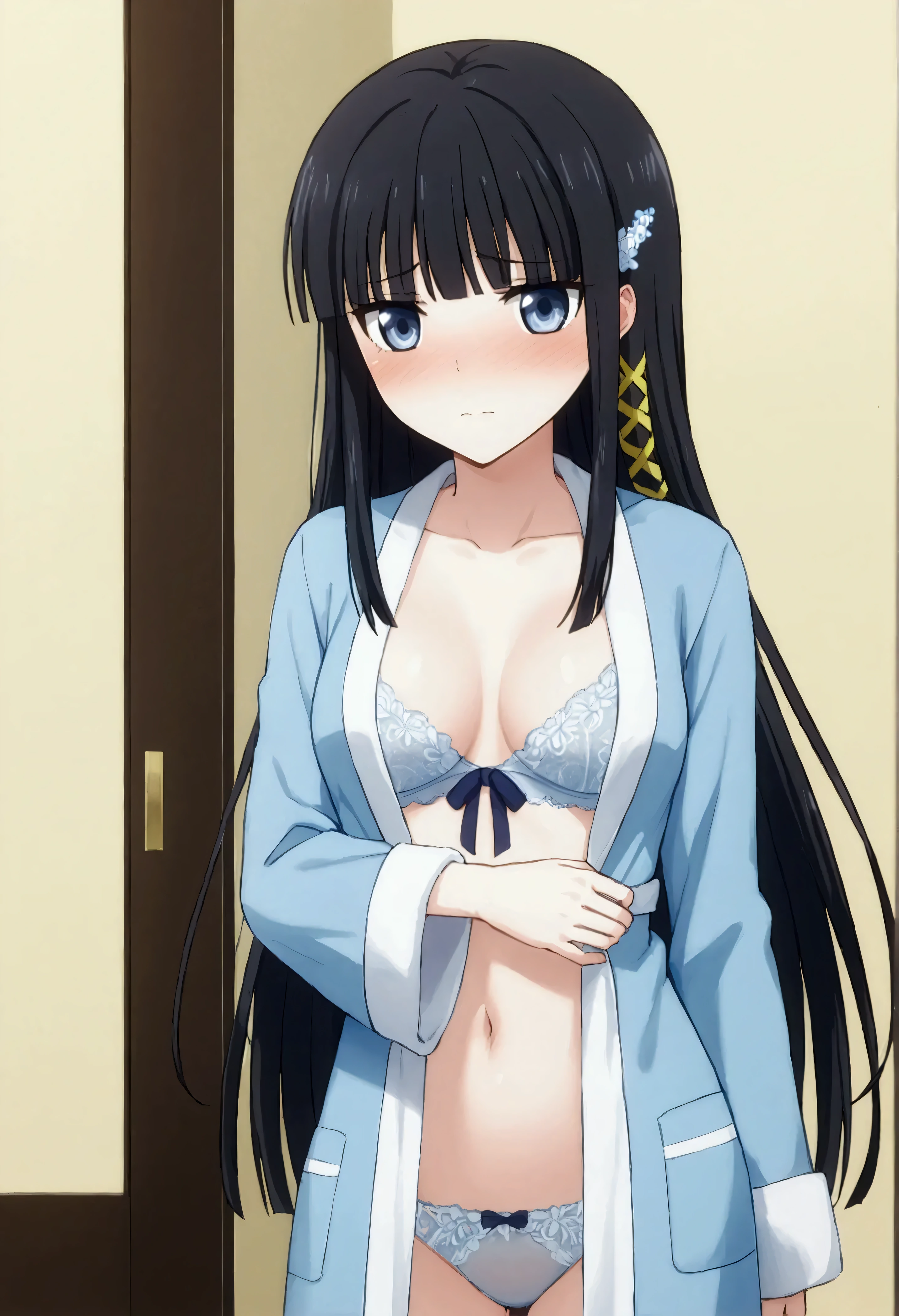 NSFW,masterpiece,Best Quality,High resolution,Very detailed,Shiba Miyuki\(The Irregular at Magic High School\),Long Hair、blue eyes、Black Hair、Hair accessories、ribbon、ヘアribbon、雪の結晶のHair accessories、bangs、鈍いbangs,High-quality light blue lace lingerie,White bathrobe,Open Front,Embarrassed,blush