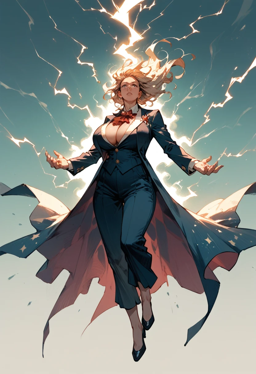 Wide shot, Single woman, floating in the center. flying, Concentrating power, hands electricity, huge breasts, sagging tits, dressed in a magician&#39;s robe, clothes that are too tight to the body, thick blonde hair. huge nipples. voluptuous. Showing off their powers, extremely tight tits. fighting, torn clothes