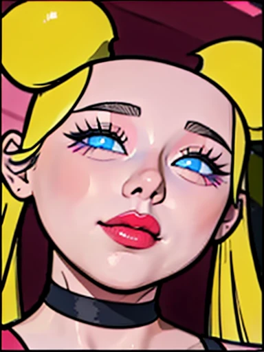 Close-up of a blonde girl with pigtails, con blue eyes, Eyeliner and eyeshadow, Perfect detailed Face, rosy cheeks, full lips and, red lipstick,  big and heavy, looking at the viewer in a flirtatious and seductive way 