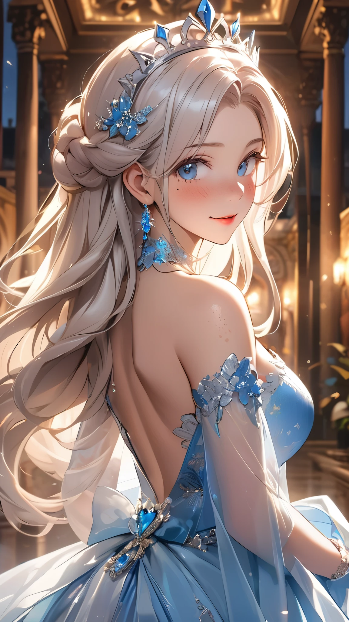 Straight Hair、White Hair, highly detailed braided hair, Princess tiara, ((Highly detailed sexy Princess Gown)), Looks about , (beautiful girl: 1.3),1girl,Highest quality,8k,Highly detailed CG unit wallpaper,masterpiece:1.2,Highest quality,Ultra-high resolution,RAW Photos,Realistic textured skin,Cinema Lighting,enjoy,Big eyes,Detailed eyes,Glossy lipstick,Perfect Makeup,Ultra-high definition beauty face, palace, ancient metropolis, voluptuous,(Big, round and beautifully shaped butt),(Standing in palace gardens),(Panoramic View),night,Detailed night sky, ((pale blue eyes)), ((heavy freckles face and body)), elegant and regal)