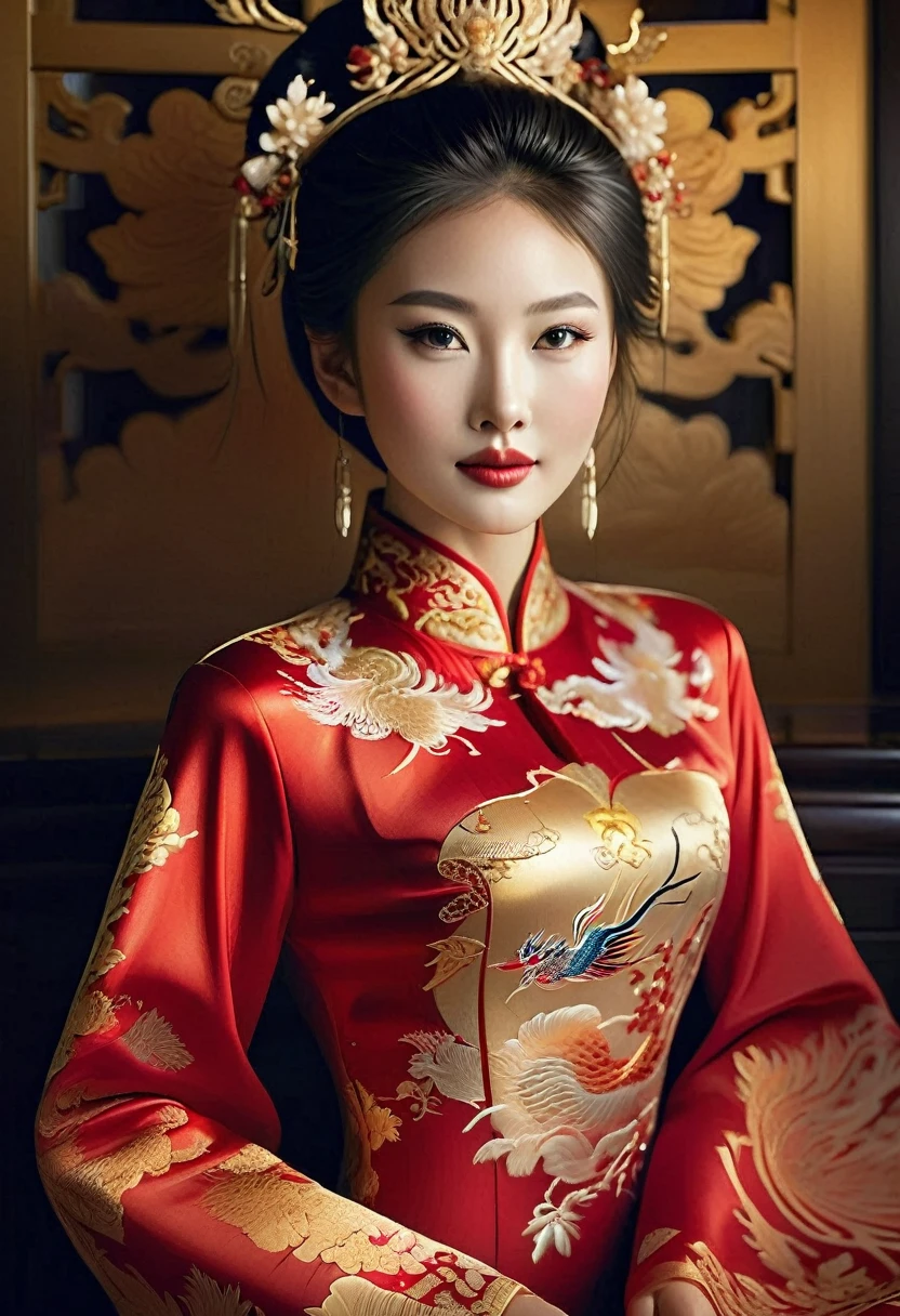 Create a low-angle hyper-realistic photograph of a beautiful Chinese woman in her mid-twenties, dressed in an ornate red qipao featuring flowing silk and intricate embroidery of phoenixes and dragons. 

She has long, straight black hair tied in a ponytail, large round eyes, and full, deep red lips. 

Her skin is pale and smooth, highlighting her soft body with natural curves.

In the background, there’s a stunning traditional Chinese wall. 

She sits on a polished black wooden chair, illuminated by sunlight streaming through the room, creating soft lighting and delicate shadows. 

Holding a cigarette with smoke curling around it, she smiles charmingly at the viewer, with an emphasis on her thighs. 

The image should be rendered with exquisite detail, capturing the nuances of her face, skin texture, and the fabric of her dress.