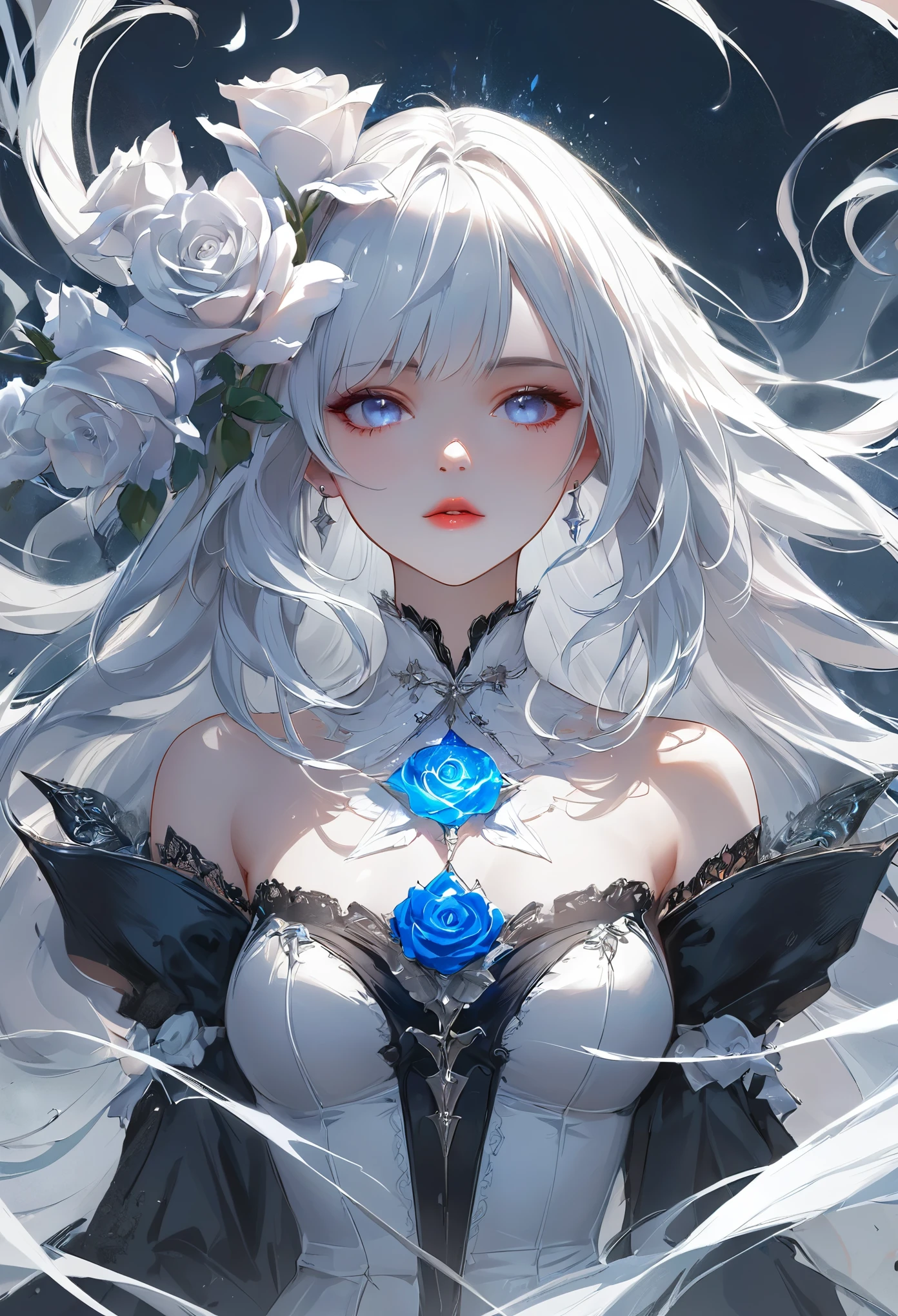 young，White Rose，Blood，Low screen contrast，high brightness，White hair，Soft Light，Soft Focus，romanticism, anime big breasts, Impressionism, Movie Lighting, close up, Ultra HD, masterpiece, High Detail
