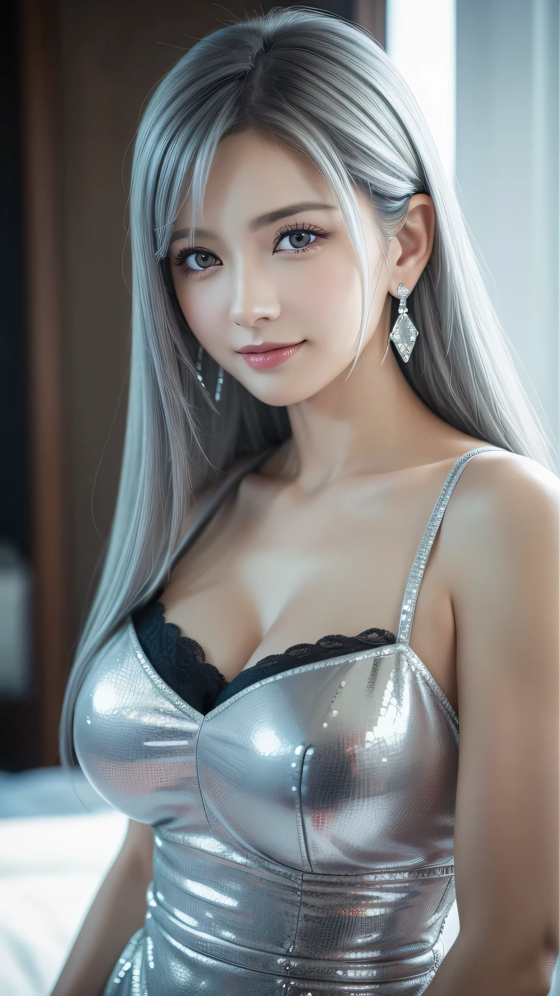 (8k,Realistic　RAW Photos　Highest quality;1.4) 1woman) 美しいSilver Hairの女神　(Lively Faces)　(Tabletop, Highest quality, Realisticです, High resolution, :1.3), closeショット, Sharp focus, 1 カールしたSilver Hairのwoman, ヨーロッパ系woman, Hot Model, abdomen, Very detailed eyes with golden pupils, Realistic skin, Slim figure, Perfect body, Very large breastsには谷間がある, Very Fine Hair, Delicate and sexy face, sensory gas, Glossy Lips, ((She wears a beautiful black and gold outfit with a black skirt and gold embroidery。.,Wear a pendant)), Outdoor, ((Realistic, 超Realistic, realism, Realistic詳細))　Beautiful expression　charm　(Realistic Skin)　超High resolution　超Realistic　Advanced Details　grassland, Flowers and beautiful mountains in the distance々々,Purple Earrings,Split Avemar Paladin,woman,超Realisticな肌,smile,close,Top View,Rich colors, Backlight, Cinema Lighting, Film Grain, 50mm lens, Nikon D850,超High resolution,Ultra-realistic,Compensate,Super sexy,Silver Hair,Very large breasts,Grace,Sexy pose,