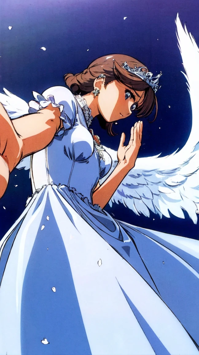 And white drops fall from the sky、Angel Wings、Angel Halo、Mysterious ,Looking from below,Blue Dress,White frills,Tiara,Earrings,Hands outstretched