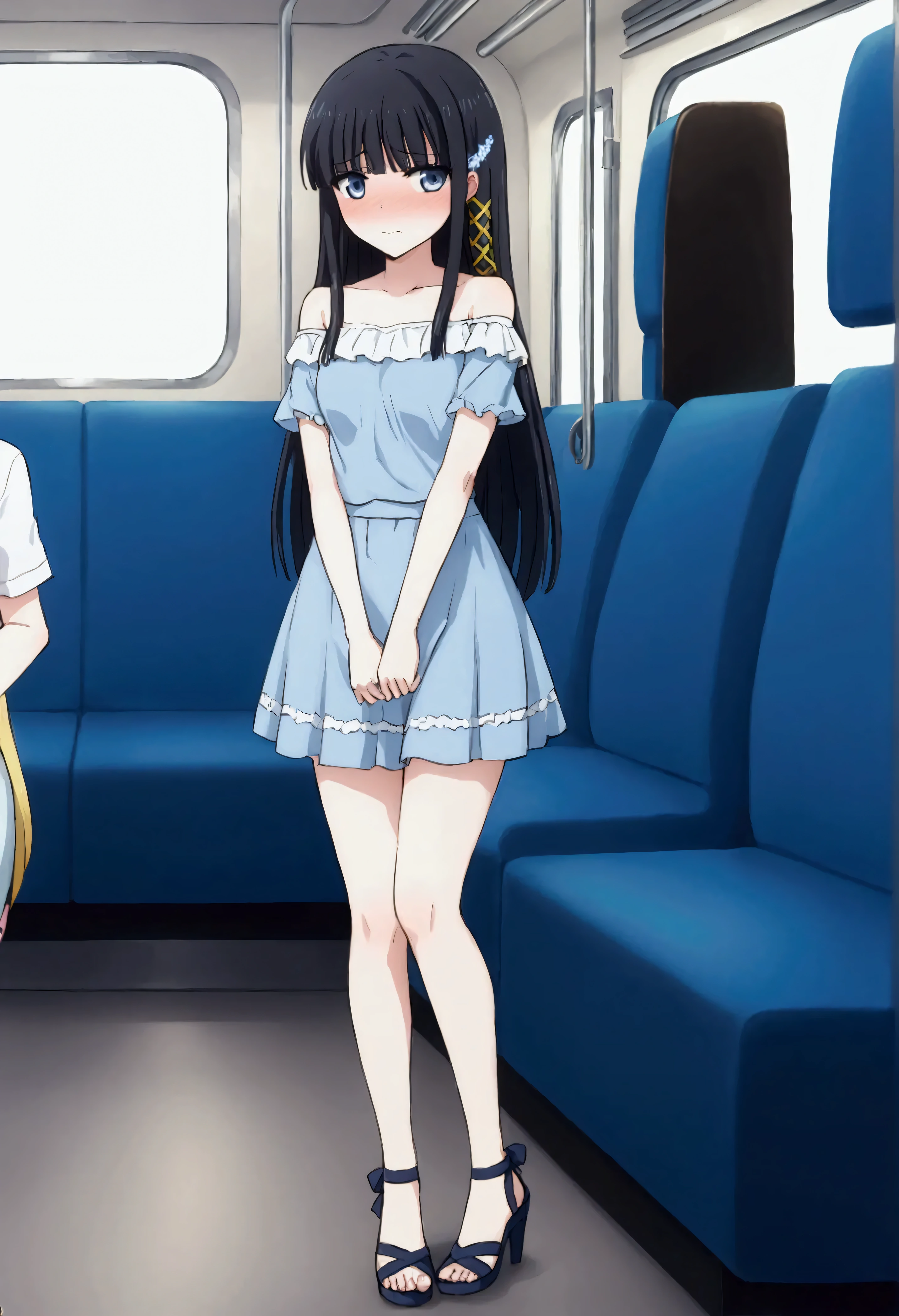 (((dress liftTransparent see-through skirt))),naked　NSFW　Long Hair　Black Hair　Toddler girl　5 years old　(A look at a see-through blouse)　(See through the see-through skirt)　Elementary school student, shot from below　No pants　((Standing on the train))　black school hat