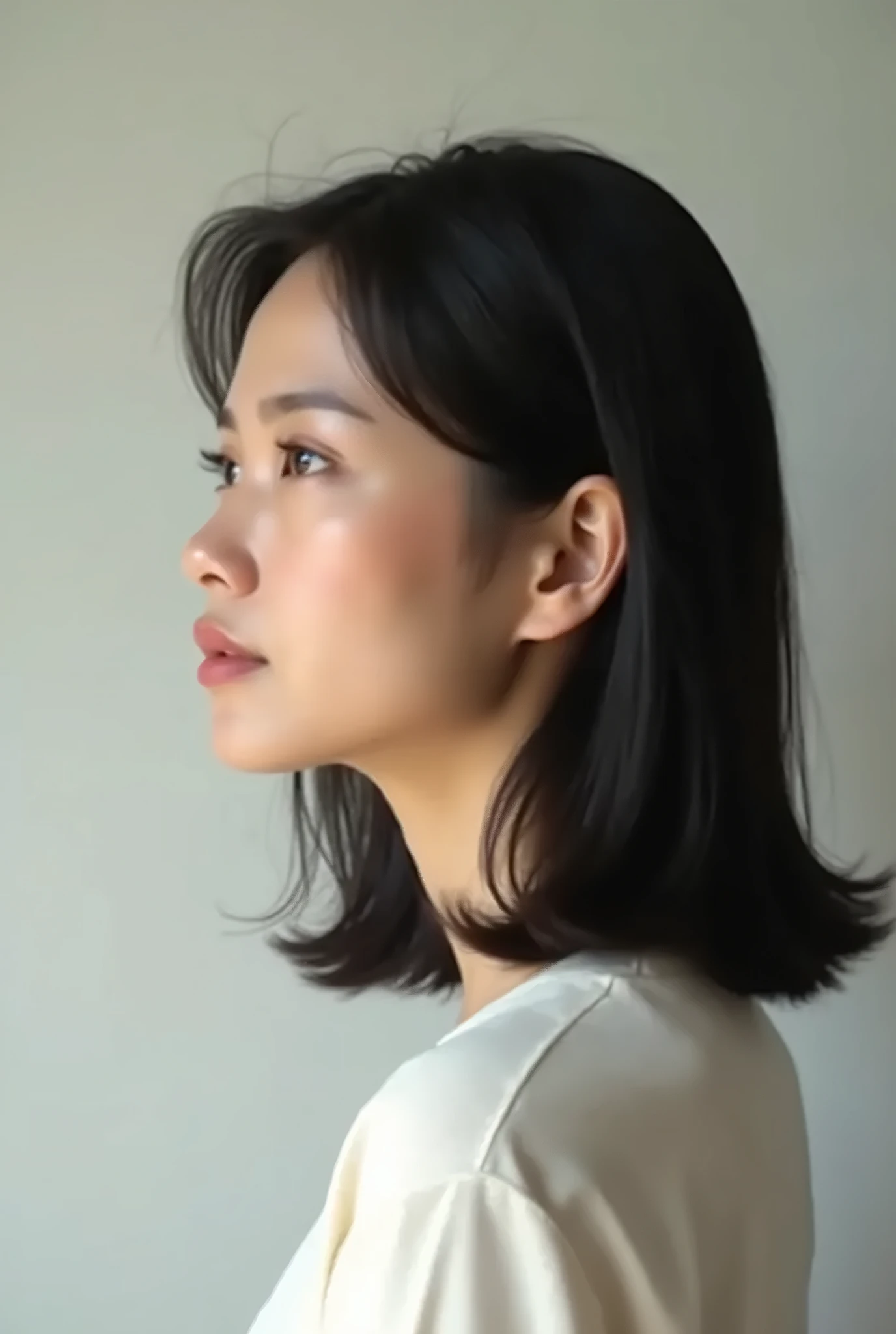 In a pure white room, a beautiful Japanese woman in her thirties with short hair holds a fresh green leaf in her hand and looks into the screen of a laptop computer placed on the floor. Focal length 100mmf/2.8, white room, white space, well-shaped face, toned body, completely naked, a fresh green leaf in hand, peering into the laptop screen to check, profile, close-up of facial expression, Low angle, realistic feeling, 8K image quality, highest quality.