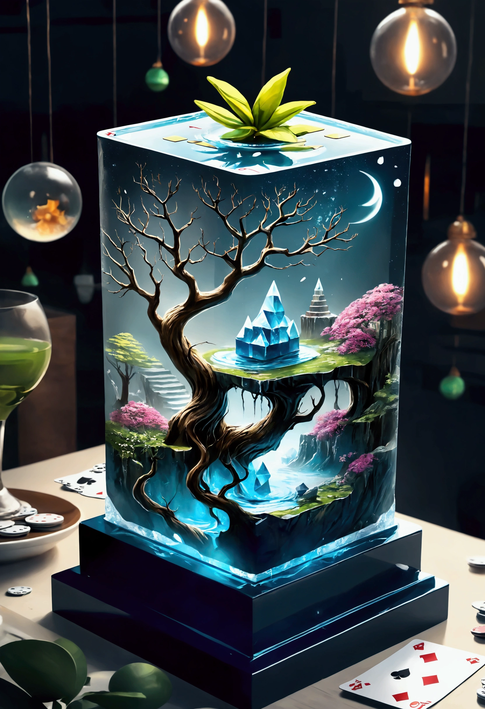 A masterpiece of transparent crystal sculpture，There are plants inside，Red roses，Blue roses，Eau，waterfallr，with light glowing，fanciful，high qulity，high detal，best qualtiy，RTX，4K，8K，