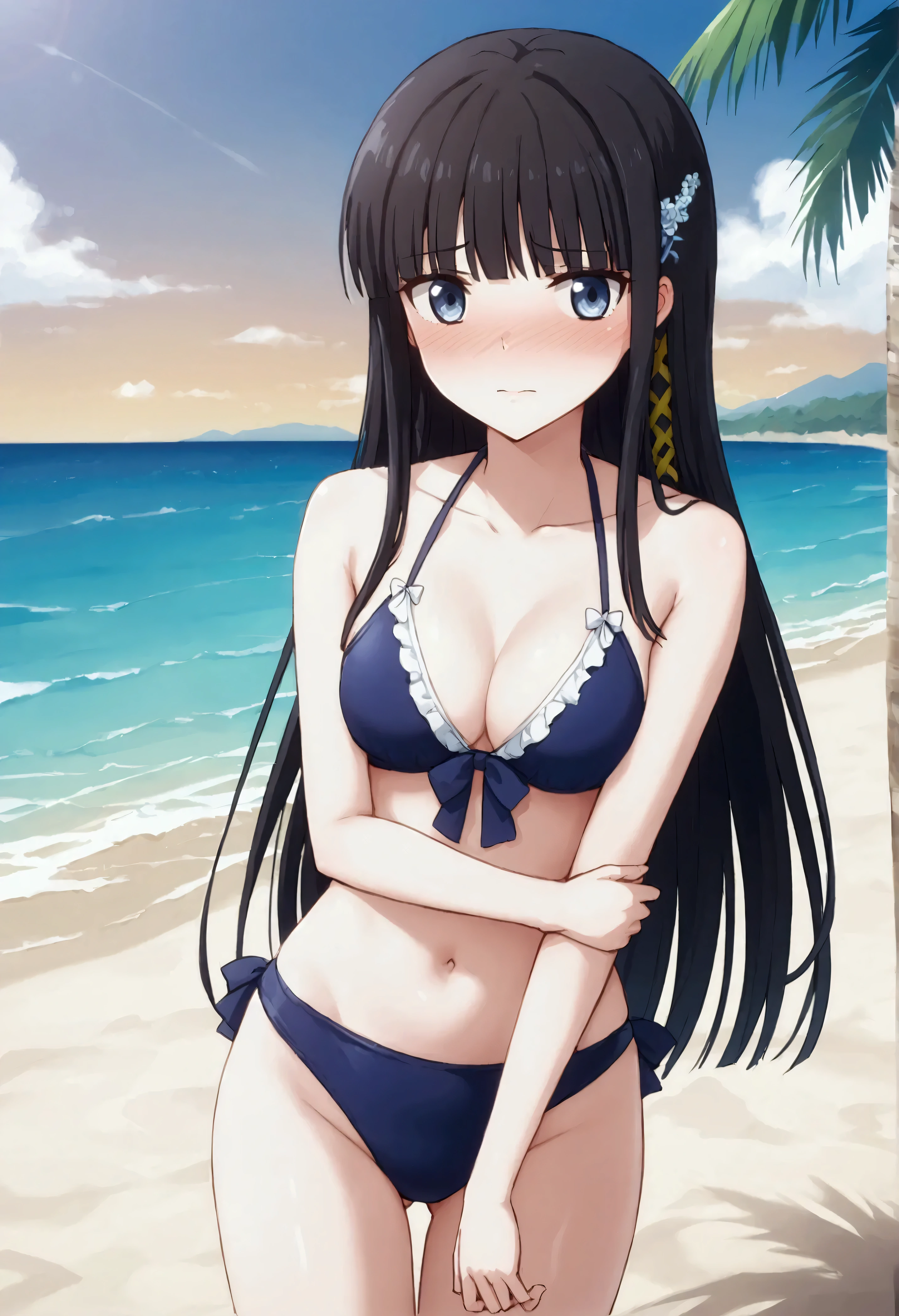 NSFW,masterpiece,Best Quality,High resolution,Very detailed,Shiba Miyuki\(The Irregular at Magic High School\),Long Hair、blue eyes、Black Hair、Hair accessories、ribbon、ヘアribbon、雪の結晶のHair accessories、bangs、鈍いbangs,Sexy Swimwear,Halter neck,Embarrassed,blush,beach,Palm trees