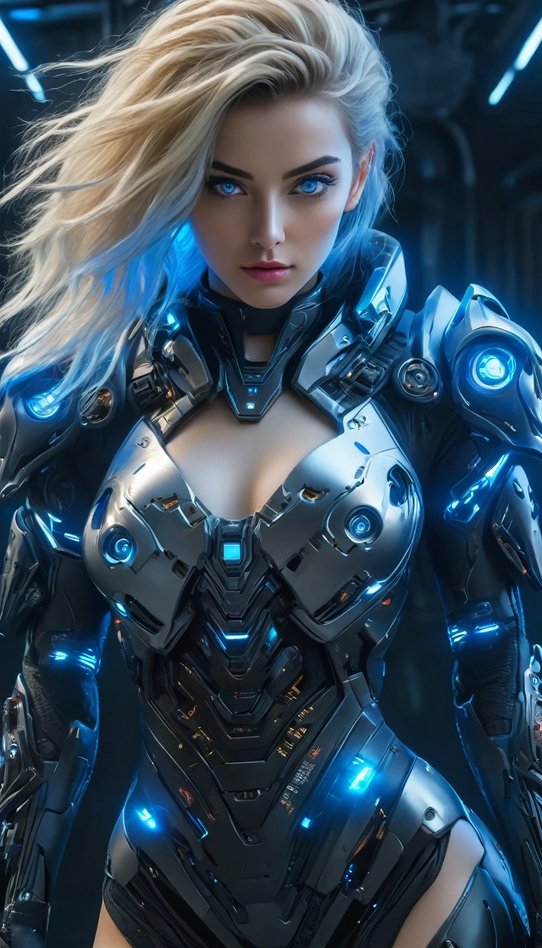 (Best Quality, 4K, 8k, High resolution, masterpiece: 1.2), (Very detailed, Realistic, Realistic:1.37), Futuristic衣装を着た女性, A woman wearing exoskeleton cyber armor, The armor fits snugly、((She has a plasma gun in her hand)), Full body photo, Maximum details, Superior quality through precise drawings, 8k,Chest, blue eyes, High resolution, 超High resolution, Best Quality, Shortcuts, Big Chest, Cinematic lighting effects, Futuristic, blonde, 美しいBlack Hairの女性, blue eyes, Cyberpunk style woman, ((Advanced spacecraft interior)), High-quality images、Black Hair, Shortcuts,