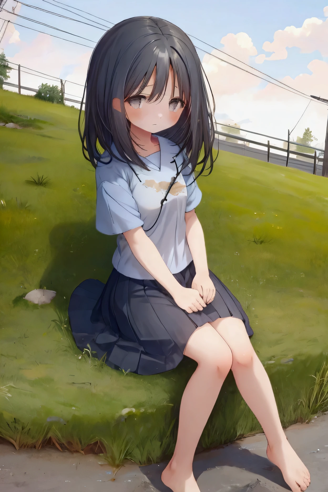 1 girl, in the background is a small town in Japan, there are electric wires, barefoot, Frayed short sleeves, black long hair, super detailed, Bottom view, sad, sits on the edge, feet in the grass