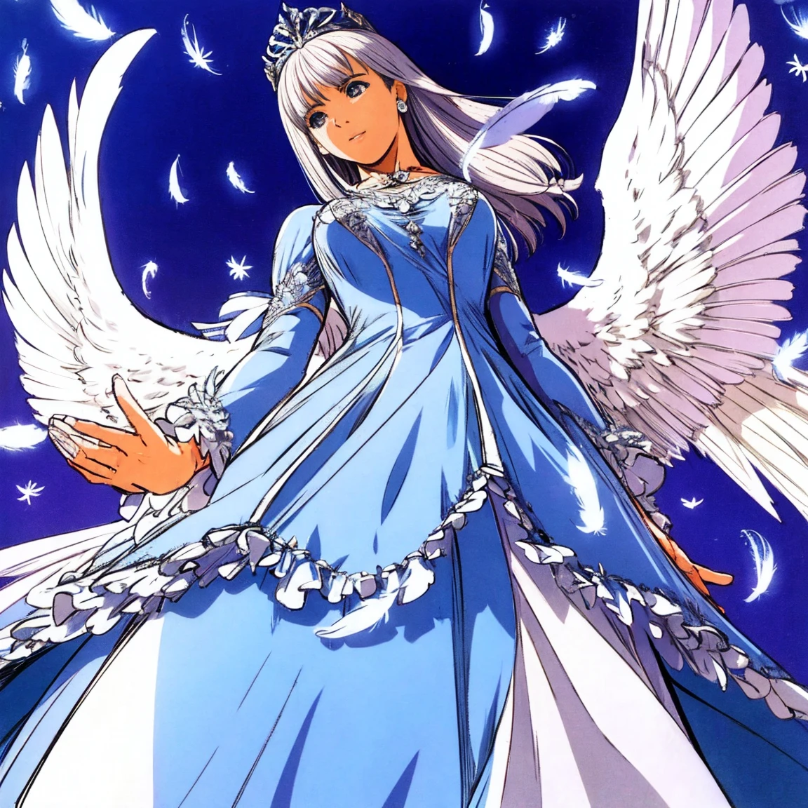 And white drops fall from the sky、Angel Wings、Angel Halo、Mysterious ,Looking from below,Blue Dress,White frills,Tiara,Earrings,Hands outstretched,Many feathers fluttering