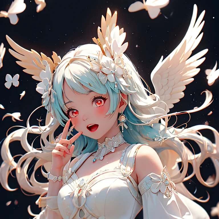 Anime Style,One Woman,Angel,,Open your mouth,Jagged,white髪,Long Hair,Red eyes,Shining Eyes,Shining Eyesのハイライト,The wings are as big as jewels,white Dress,Black pattern,disaster々Shii,Peace Sign Emphasis on Women,Simple Background,white,Blur the background,A masterpiece seen from the front,Best Quality,Exquisite,8k,Absurd,Ultra-detailed illustrations,(Watch the audience),Shooting from below at an angle,Earrings,青い宝石のEarrings,The ring is a watch