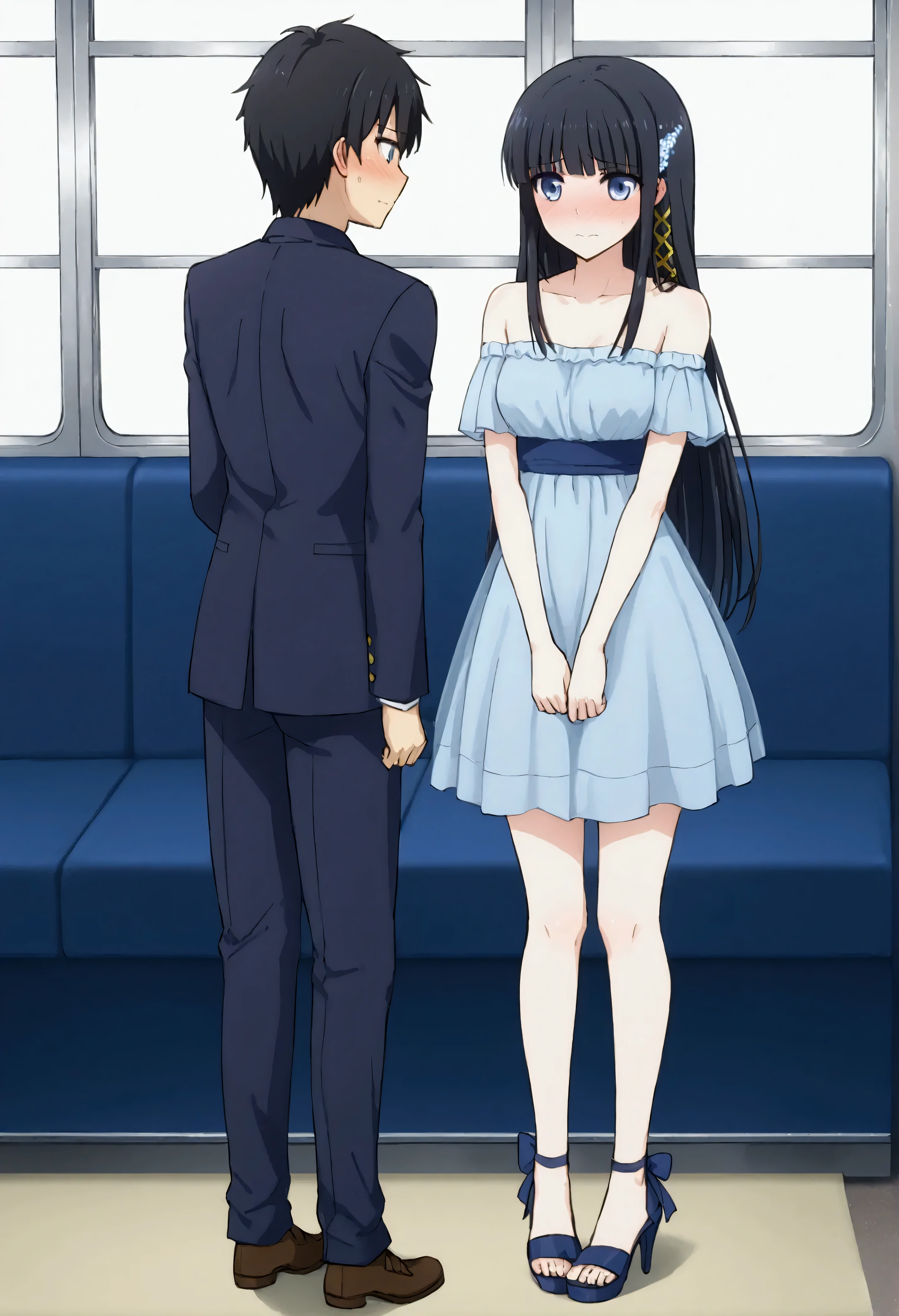 NSFW,masterpiece,Best Quality,High resolution,Very detailed,Shiba Miyuki\(The Irregular at Magic High School\),Long Hair、blue eyes、Black Hair、Hair accessories、ribbon、ヘアribbon、雪の結晶のHair accessories、bangs、鈍いbangs,Off-the-shoulder shirt,Micro Mini Skirt,Heeled Sandals,Inside the train,Embarrassed,blush,(Being molested)