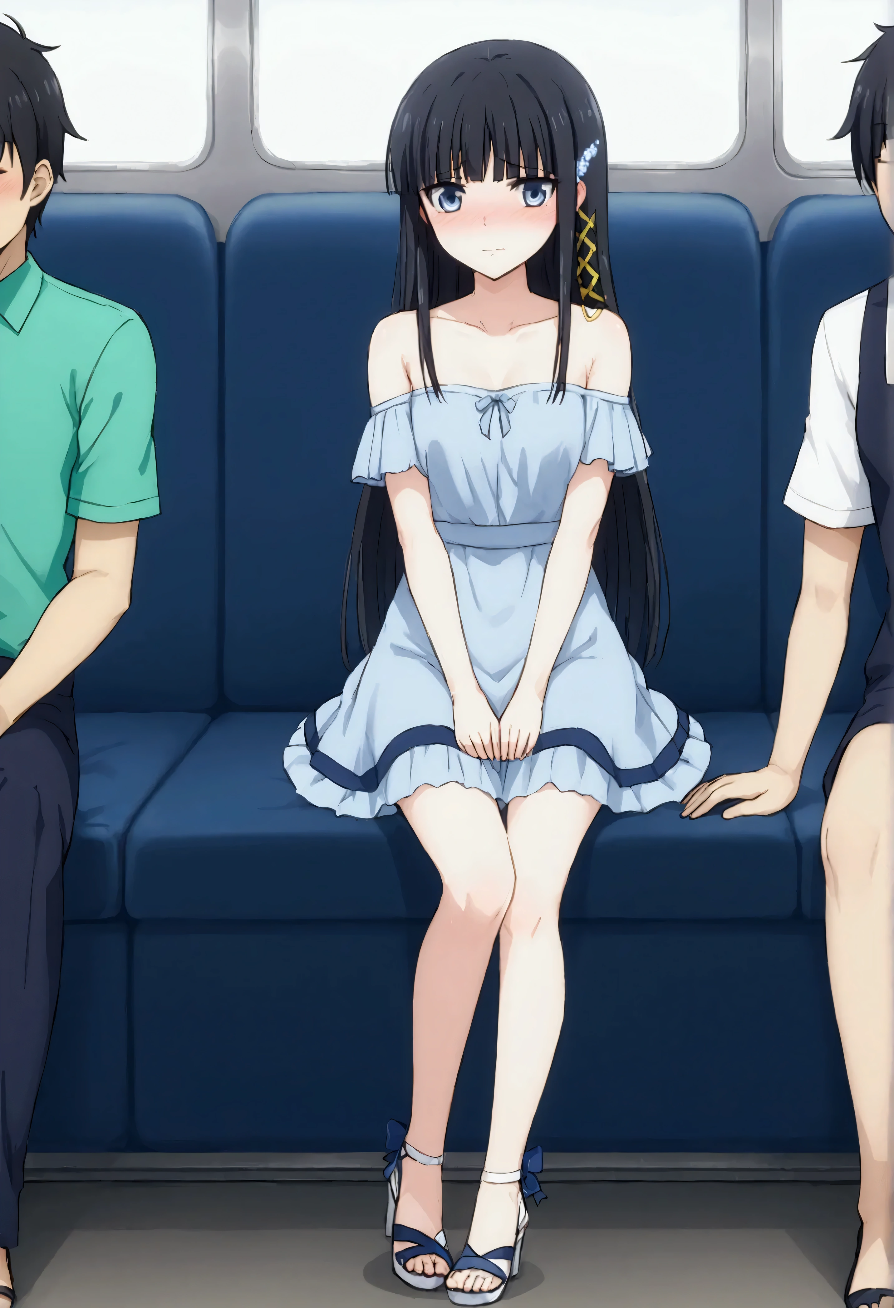 NSFW,masterpiece,Best Quality,High resolution,Very detailed,Shiba Miyuki\(The Irregular at Magic High School\),Long Hair、blue eyes、Black Hair、Hair accessories、ribbon、ヘアribbon、雪の結晶のHair accessories、bangs、鈍いbangs,Off-the-shoulder shirt,Micro Mini Skirt,Heeled Sandals,Inside the train,Embarrassed,blush,(Being molested)