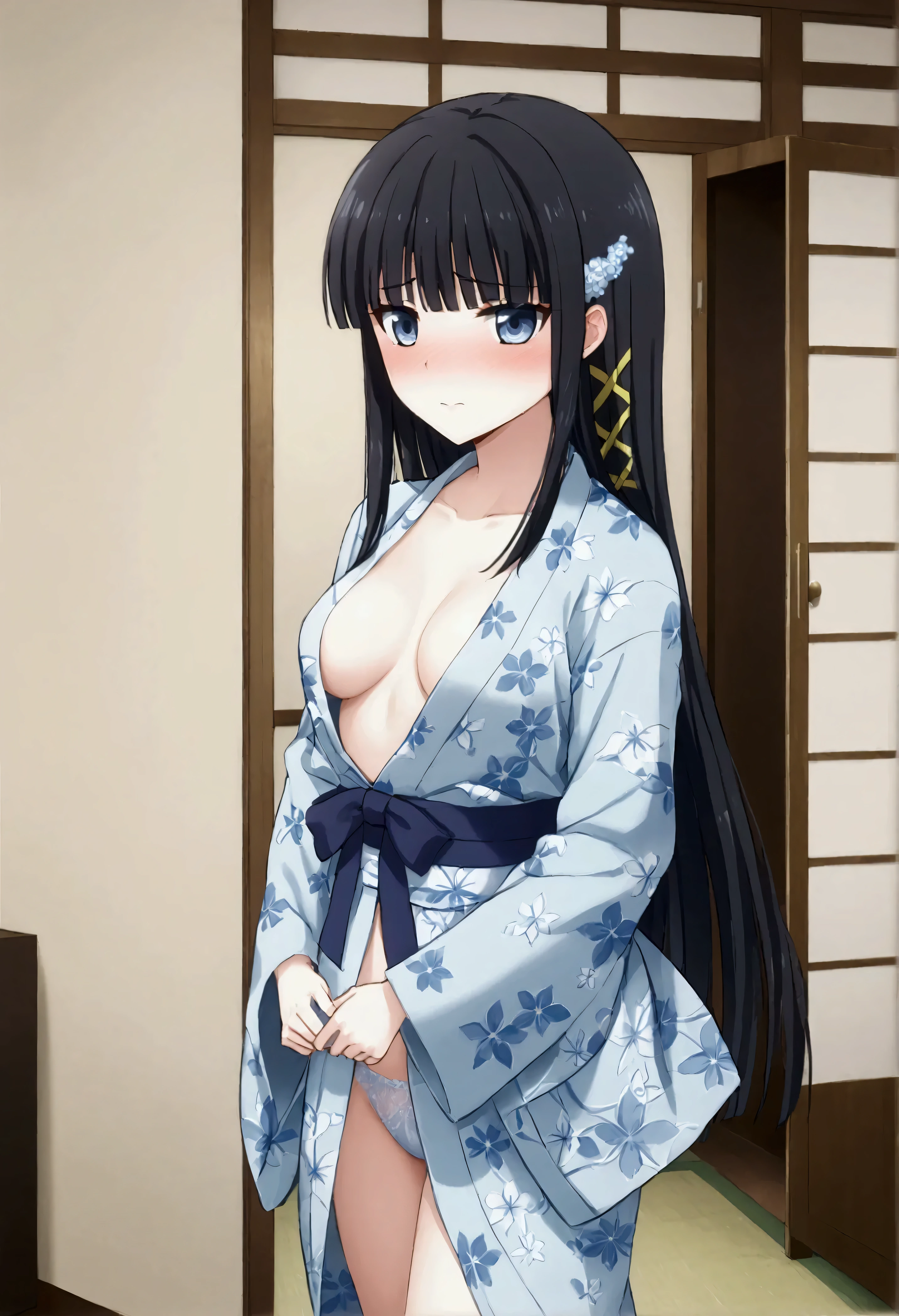 NSFW,masterpiece,Best Quality,High resolution,Very detailed,Shiba Miyuki\(The Irregular at Magic High School\),Long Hair、blue eyes、Black Hair、Hair accessories、ribbon、ヘアribbon、雪の結晶のHair accessories、bangs、鈍いbangs,High-quality light blue lace lingerie,kimono,yukata,Open Front,Open clothes,Embarrassed,blush,hostel,Luxurious Room,Japanese-style room