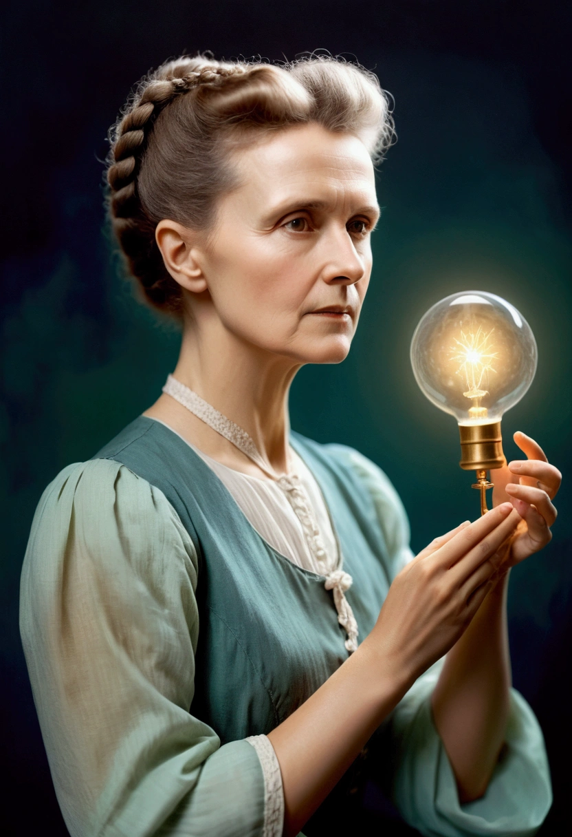 a woman in a black dress looking up holding a object high above head, determined Marie Curie, working in her science lab, colorized photon, a colorized photo, colorized, colorized 1904 photo, experimenting in her science lab
