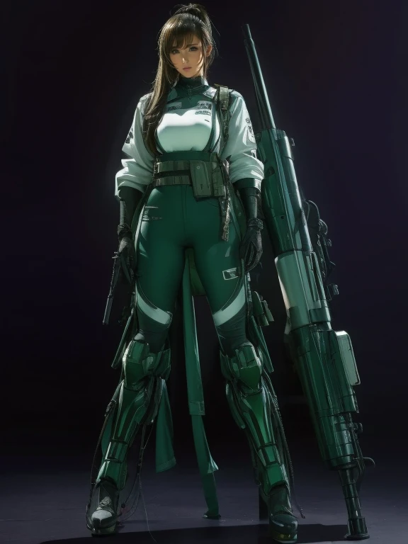 Highest quality、Amazing details、Ultra-high resolution、（realism：1.4）、（（close：0.75））、One woman is very condensed、Beautiful and delicate face、Perfect Proportions、Narrow your target audience、Large Breasts）、Brown Hair、（White Tech Suit）、（Cyborg vs. police uniform、、、Black and grey mech、Military Harness、RPG-7、Hitch Tech Flamethrower Tank Transport）、The background is a simple grey wall、