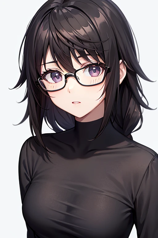 dark brown hair and face with glasses women black shirt and black pants and a white background 