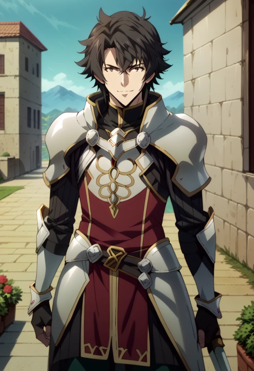 score_9, score_8_up, score_7_up, score_6_up, BREAK source_anime, 1boy, solo, short_hair, black_hair, looking_at_viewer, smiling, white_armor, gold_armor, gloves, weapon gauntlet, standing, posing, anime_coloring, fullbody shot, outdoors