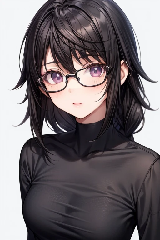 dark brown hair and face with glasses women black shirt and black pants and a white background 