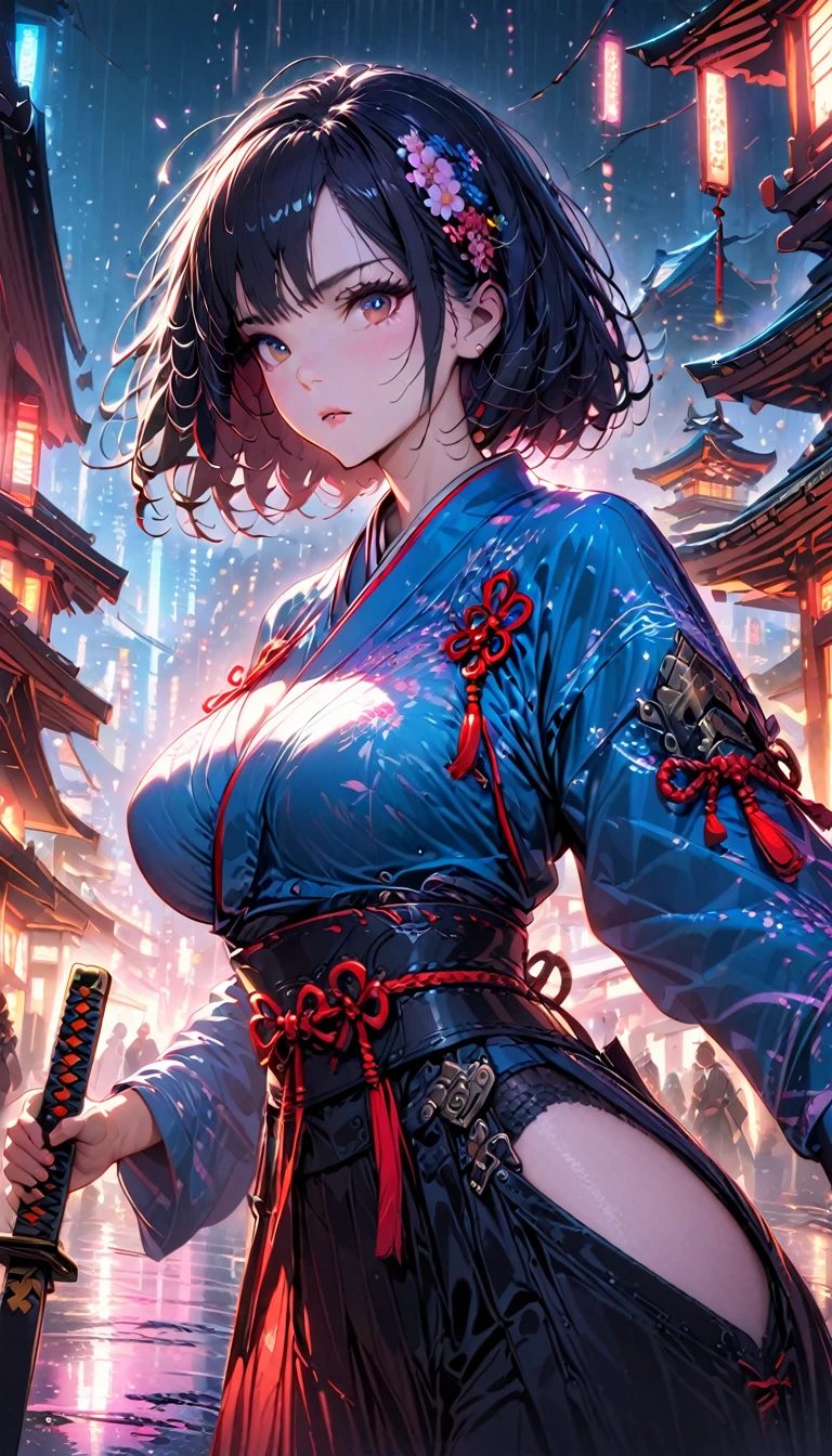 8k_wallpaper, extremely detailed eyes, extremely detailed body, (large masterpiece digital art), (detailed manga illustration), (detailed line art), ((perfect anatomy)), (intricate details:1.3), (ultra-detailed:1.3), (illustration:1.3), (sharp focus:1.3), (natural lighting:1.05), (vivid colors:1.3), (masterpiece), best quality, expressive eyes, perfect face, 1 girl, breasts, cleavage, gloves, large breasts, sarashi, traditional clothes, cerulean clothes, black hair, short hair, messy hair, dark brown eyes, hourglass physique, loose-fitting pants, dynamic pose, large ass, pale skin, shrine maiden, tomboy, combat boots
