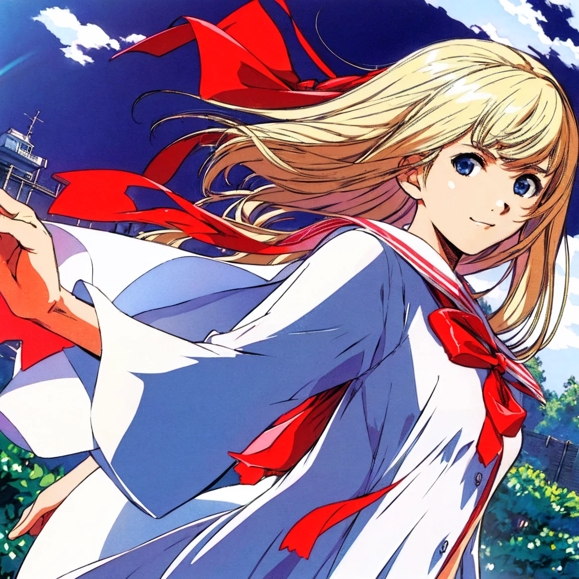 Watercolor style,girl,blonde,blue eyes,White Dress,Red Ribbon Hydrangea,after the rain,rainbow,Look up at the sky,smile,The light spreads,White dress,Sailor collar,Long sleeve,Navy blue on the cuffs,Lines on the cuffs,loafers,Shortcuts,